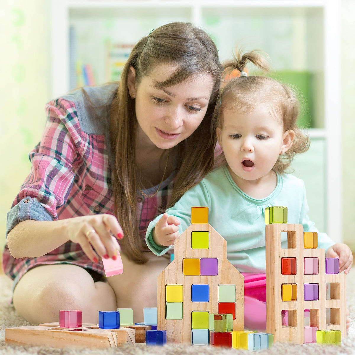 Woodtoe 36-Piece Rainbow Gem Blocks — Montessori Wooden House Stacking Toy for Toddlers 3-6