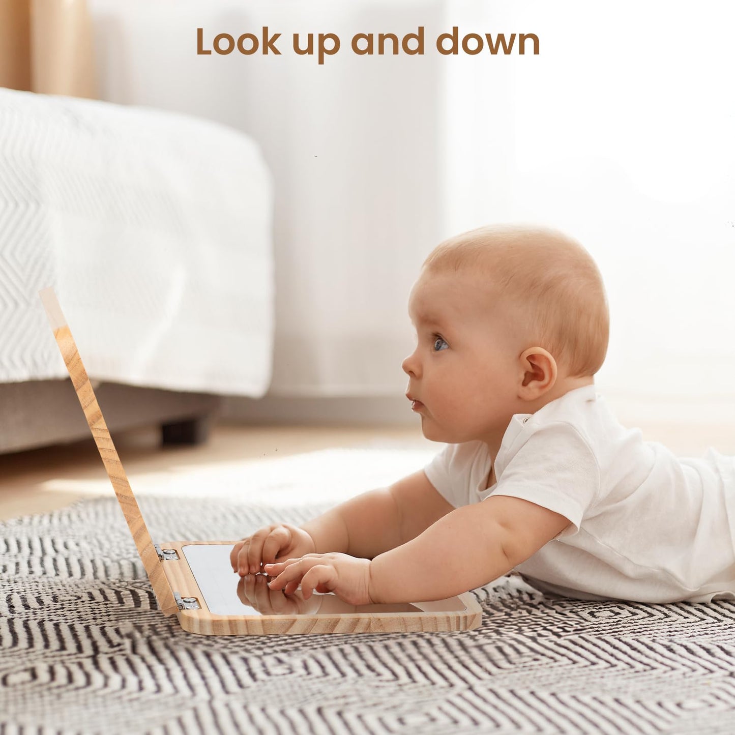 Woodtoe Tummy Time Mirror for Infant – Adjustable 0–180°, Dual Mirrors, 15 High-Contrast Cards, Safe & Portable