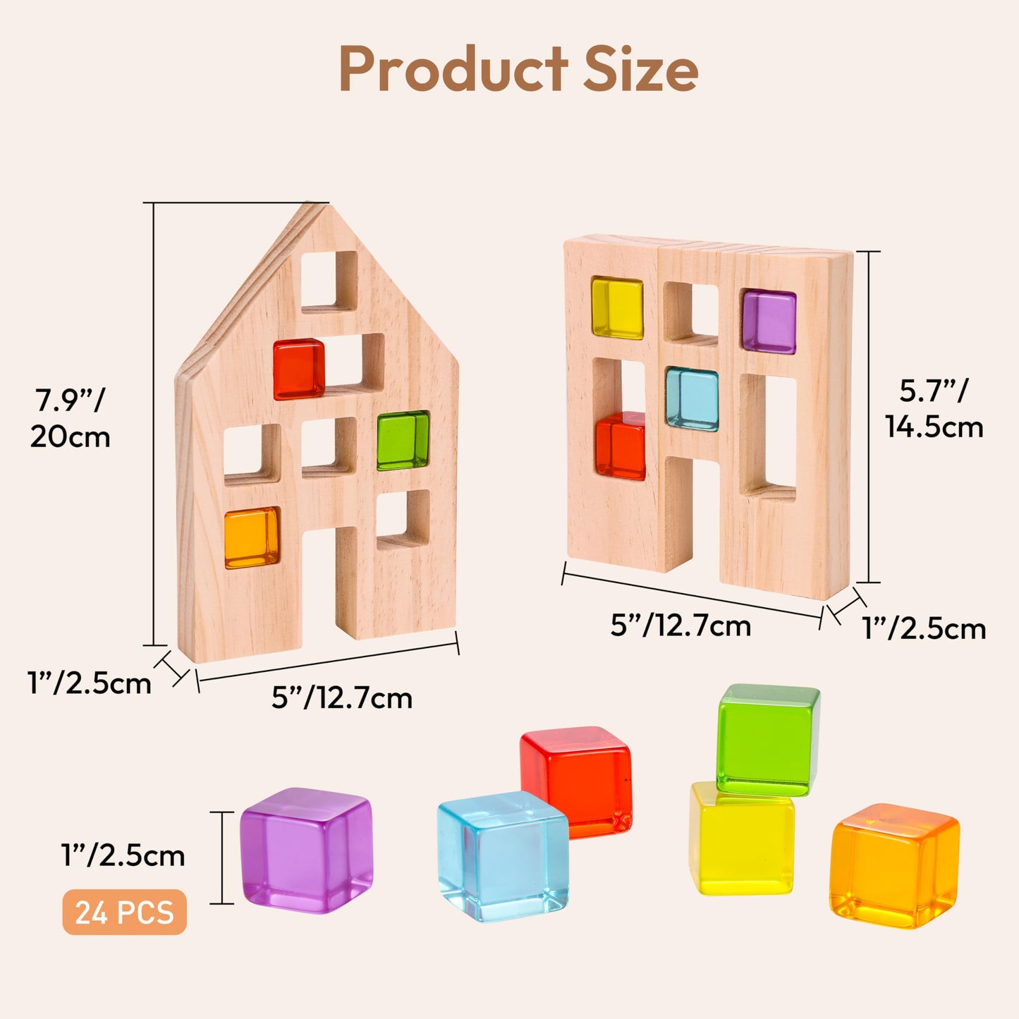 Woodtoe Wooden Building Blocks Set – 24 Rainbow Gem Cubes, Montessori STEM Toy for Toddlers 3-6
