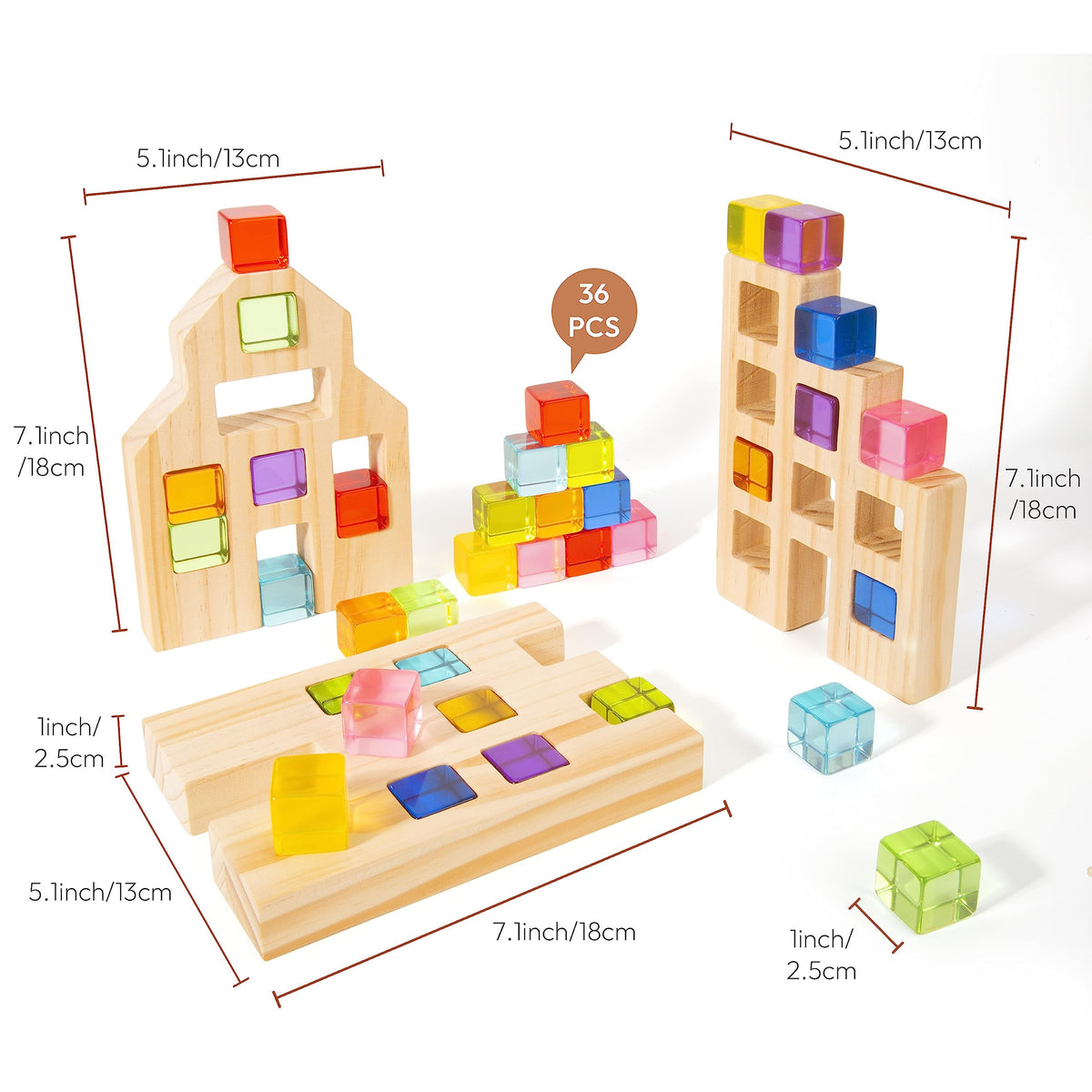 Woodtoe 36-Piece Rainbow Gem Blocks — Montessori Wooden House Stacking Toy for Toddlers 3-6