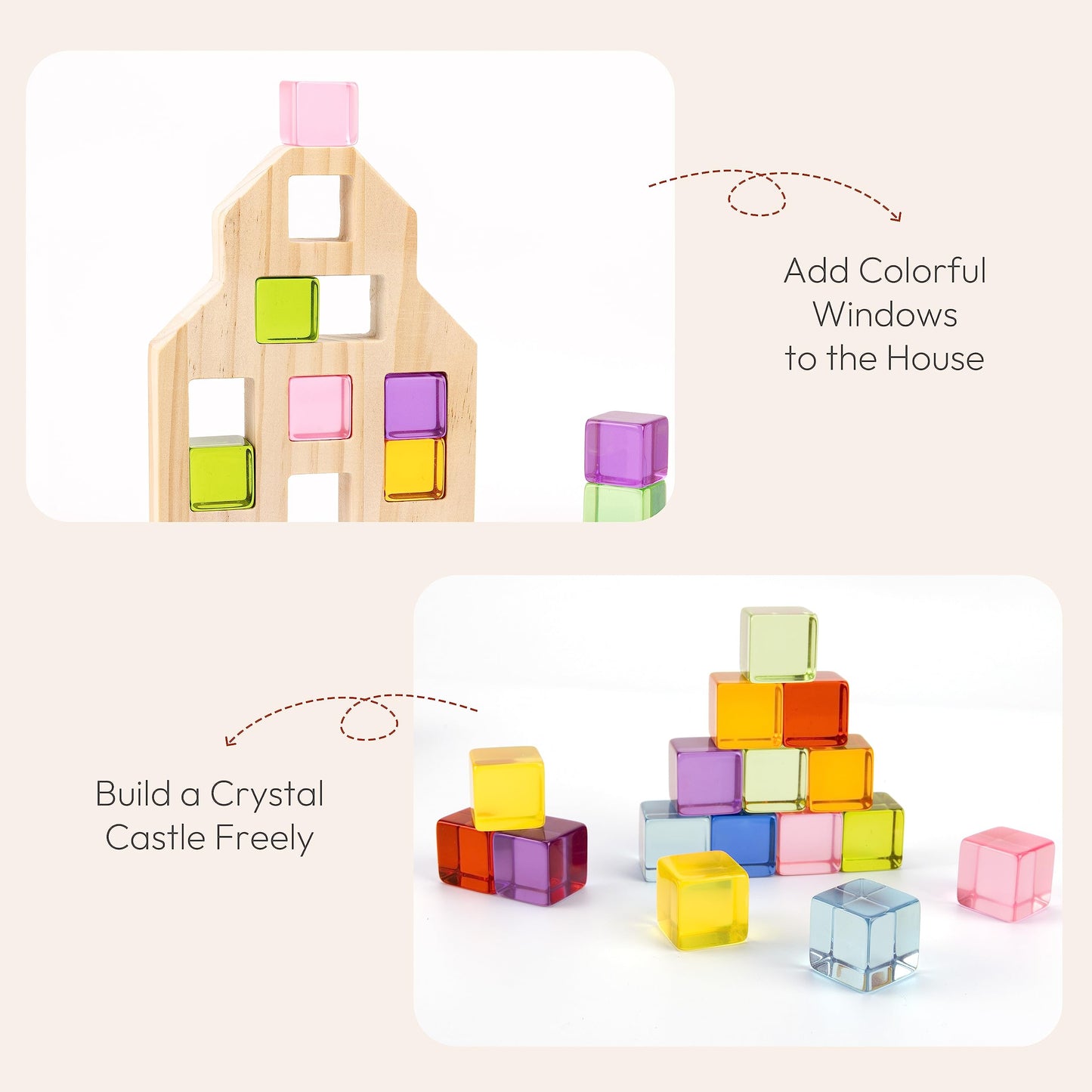 Woodtoe 36-Piece Rainbow Gem Blocks — Montessori Wooden House Stacking Toy for Toddlers 3-6