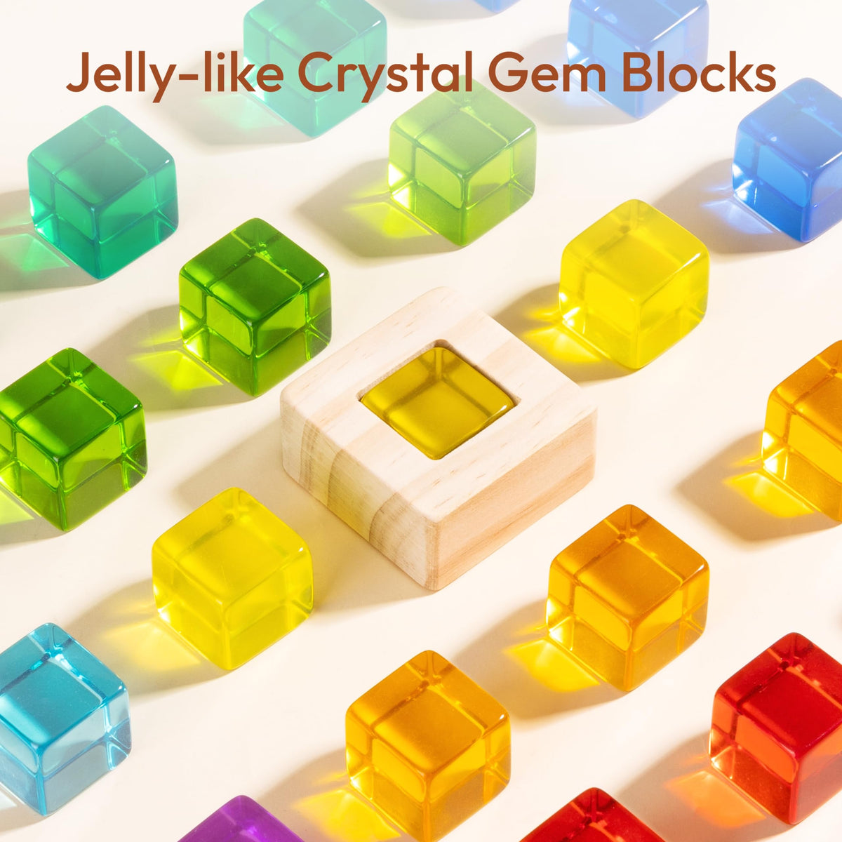 Woodtoe Rainbow Wooden Blocks Set – 22 Blocks + 25 Gem Cubes, Montessori STEM Toy (3-6)