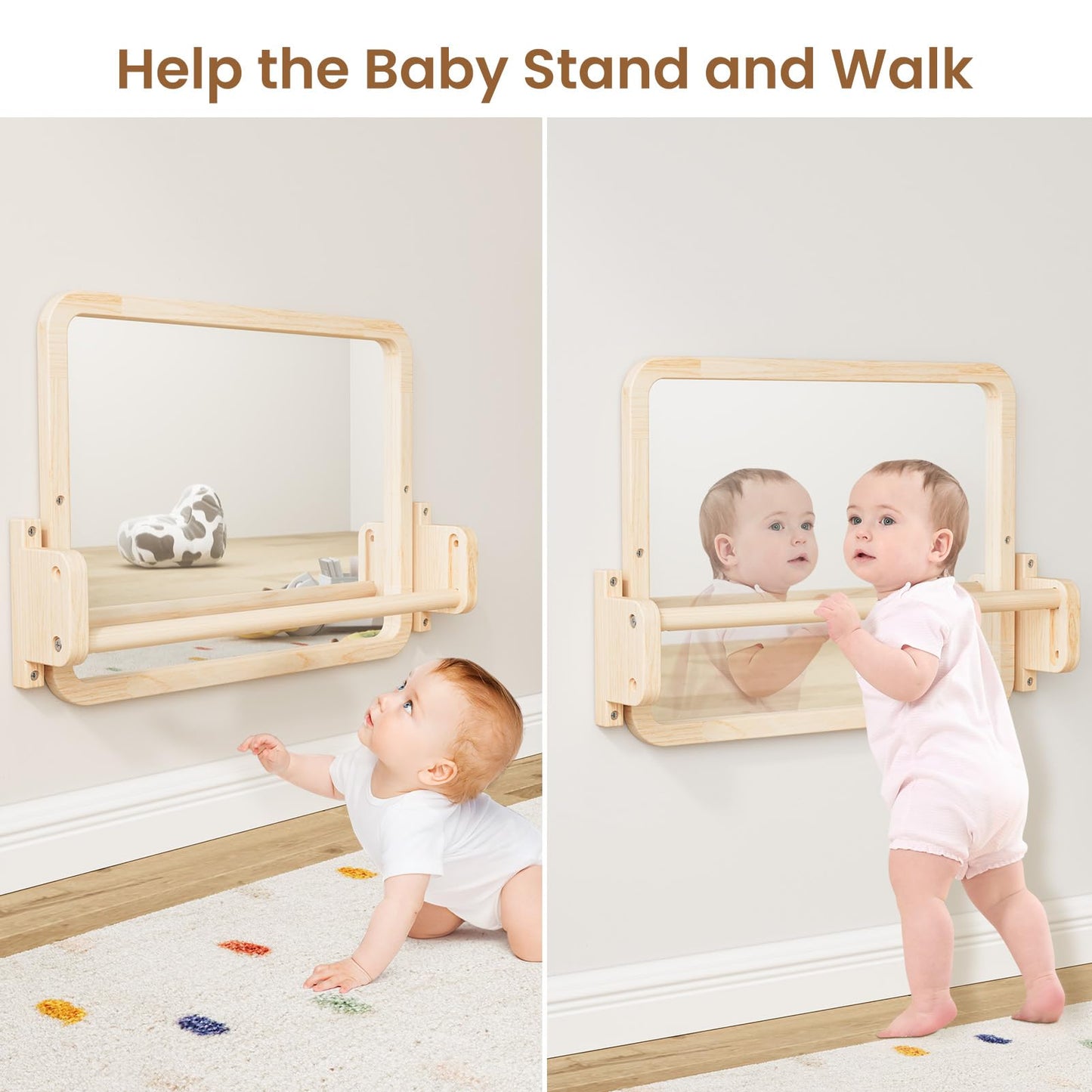 Woodtoe Montessori Mirror with Bar - Adjustable Pull-Up Toy for 6-18 Months