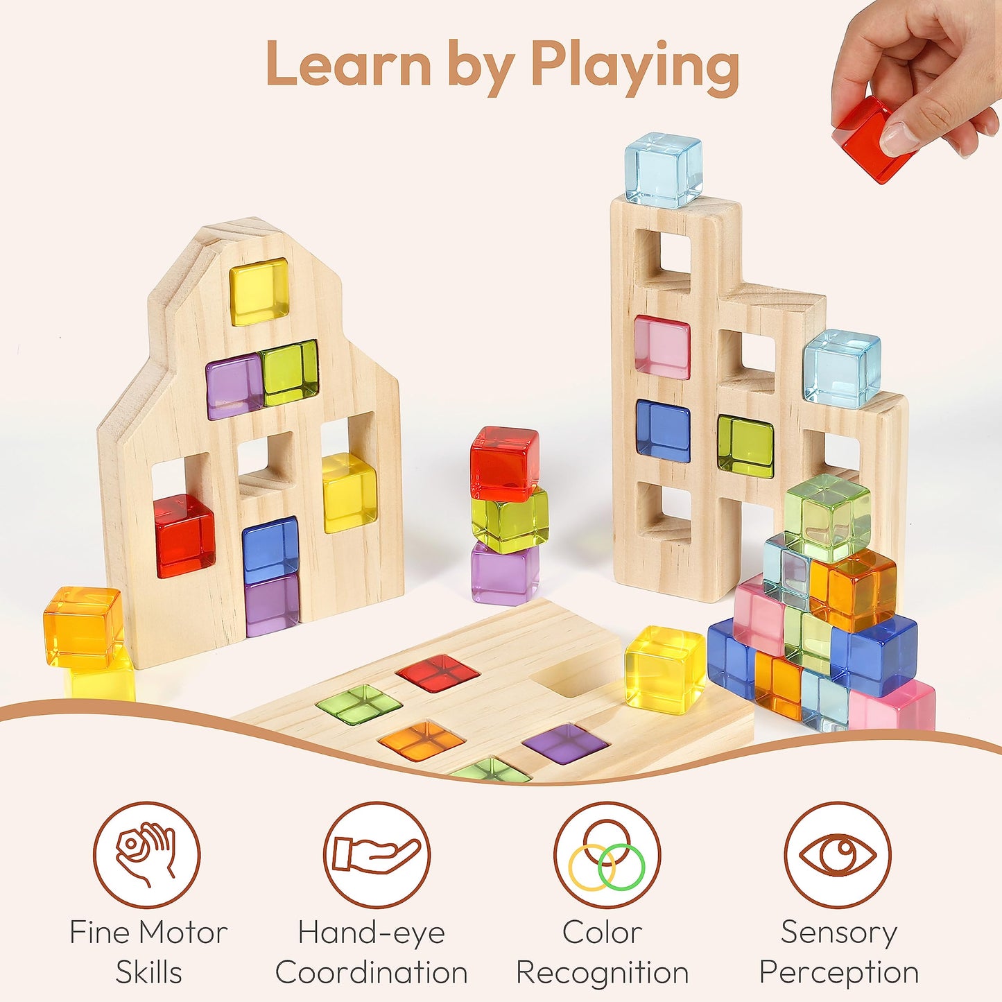 Woodtoe 36-Piece Rainbow Gem Blocks — Montessori Wooden House Stacking Toy for Toddlers 3-6