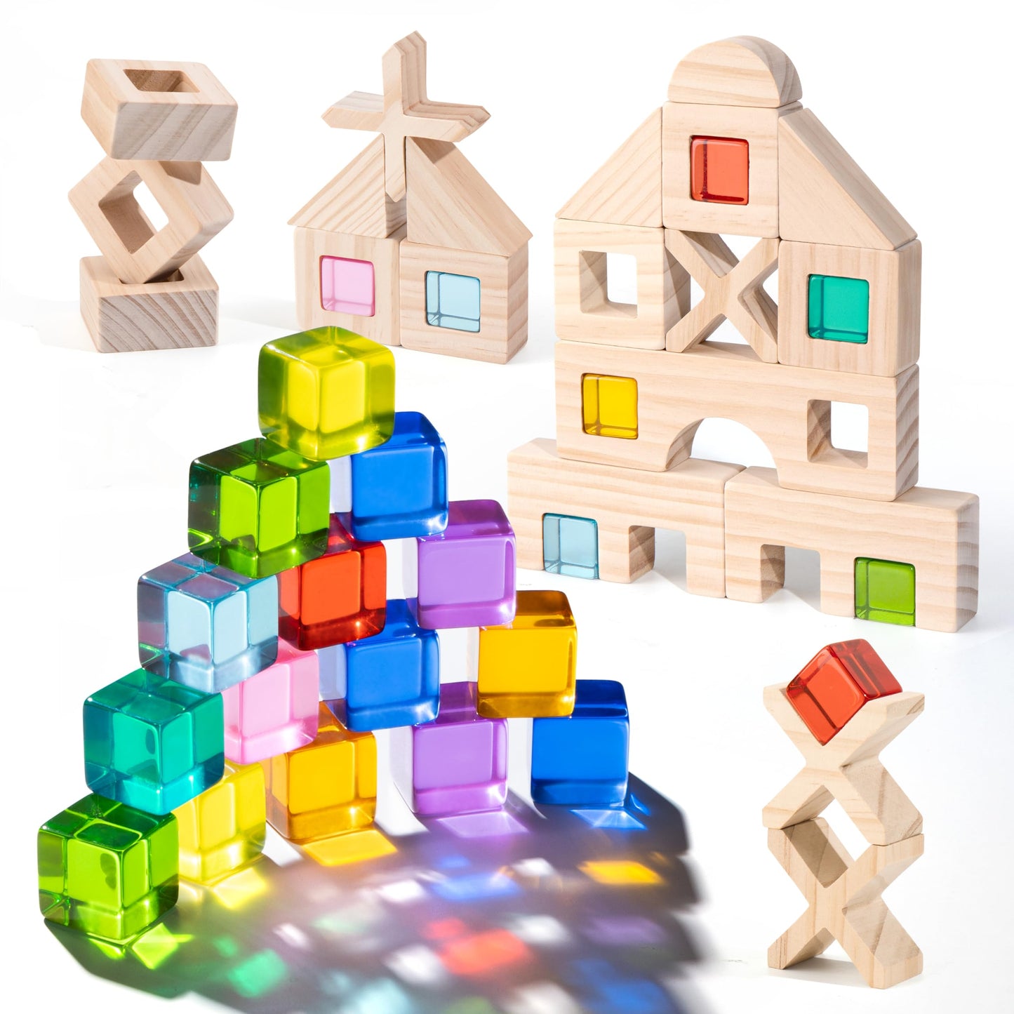 Woodtoe Rainbow Wooden Blocks Set – 22 Blocks + 25 Gem Cubes, Montessori STEM Toy (3-6)