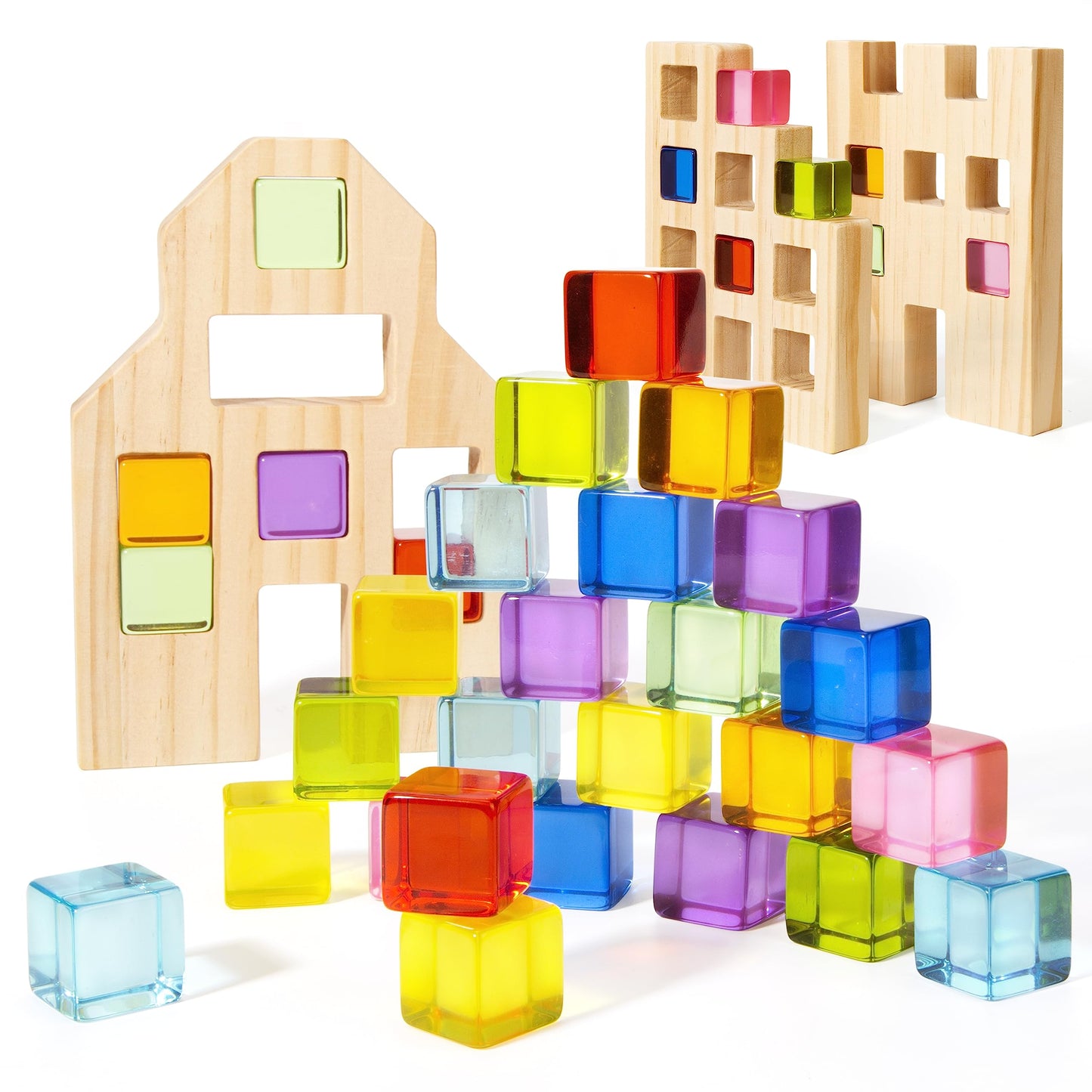 Woodtoe 36-Piece Rainbow Gem Blocks — Montessori Wooden House Stacking Toy for Toddlers 3-6