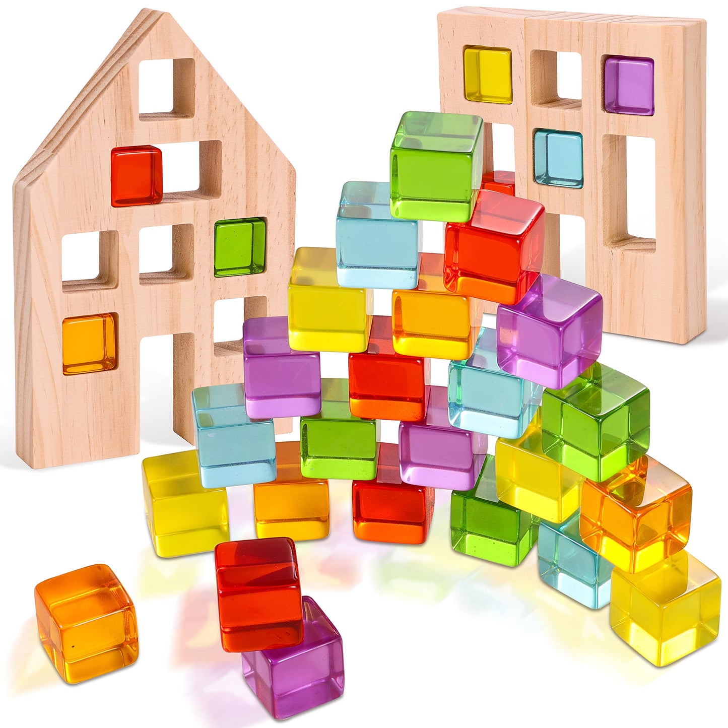 Woodtoe Wooden Building Blocks Set – 24 Rainbow Gem Cubes, Montessori STEM Toy for Toddlers 3-6