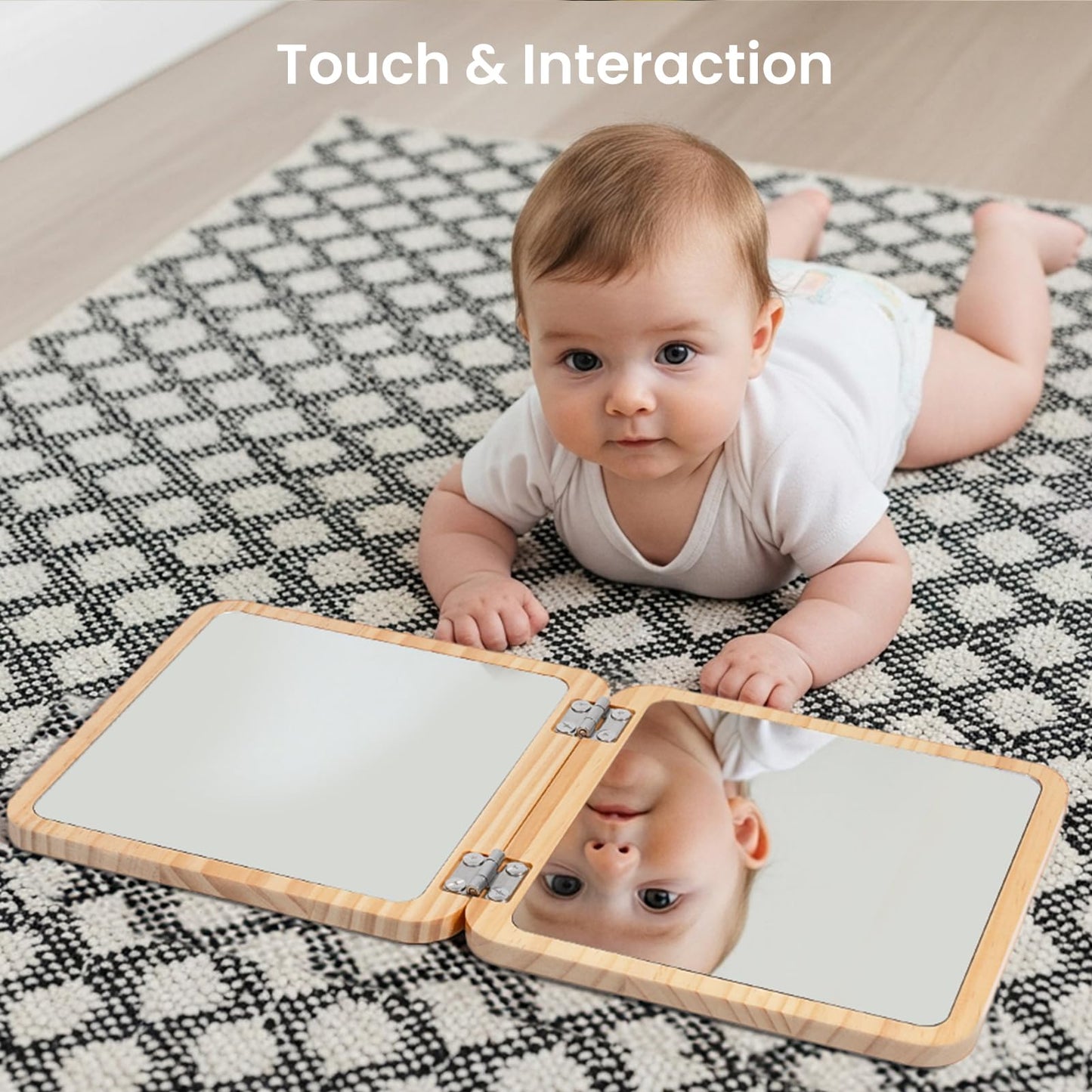 Woodtoe Tummy Time Mirror for Infant – Adjustable 0–180°, Dual Mirrors, 15 High-Contrast Cards, Safe & Portable