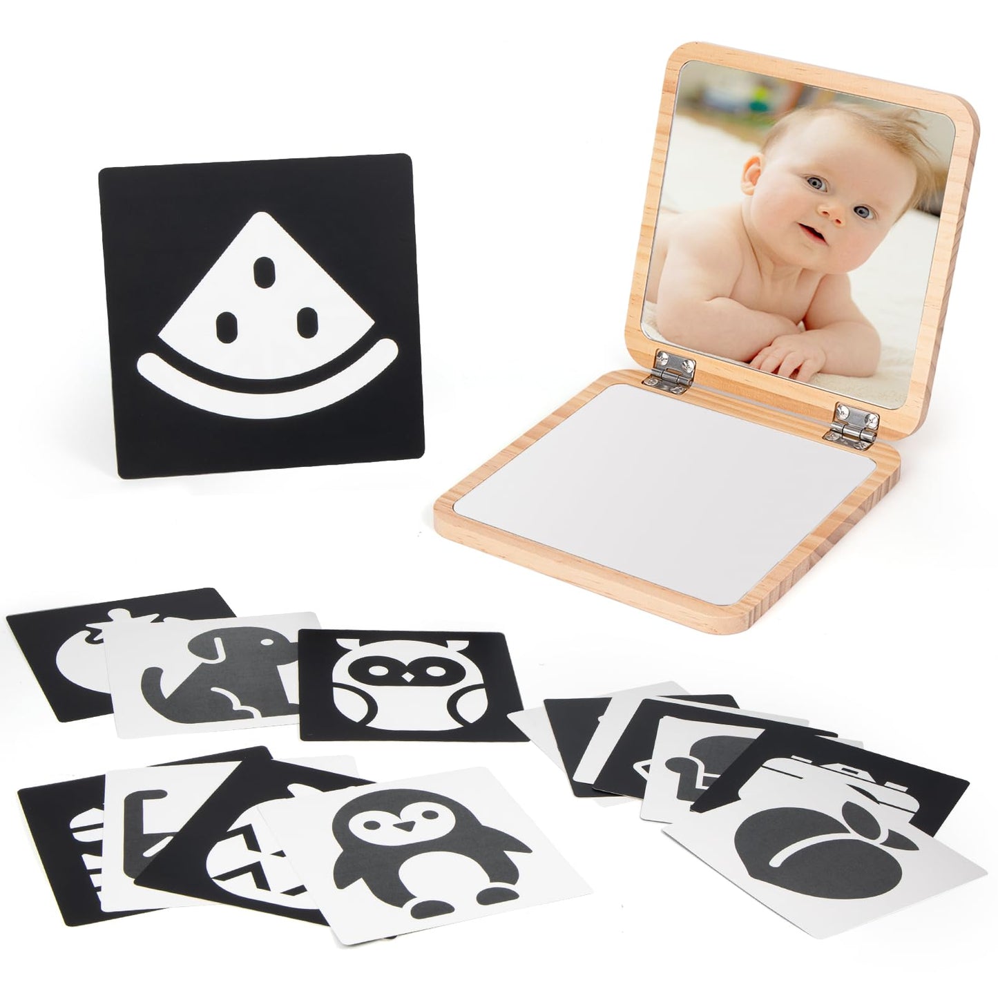 Woodtoe Tummy Time Mirror for Infant – Adjustable 0–180°, Dual Mirrors, 15 High-Contrast Cards, Safe & Portable
