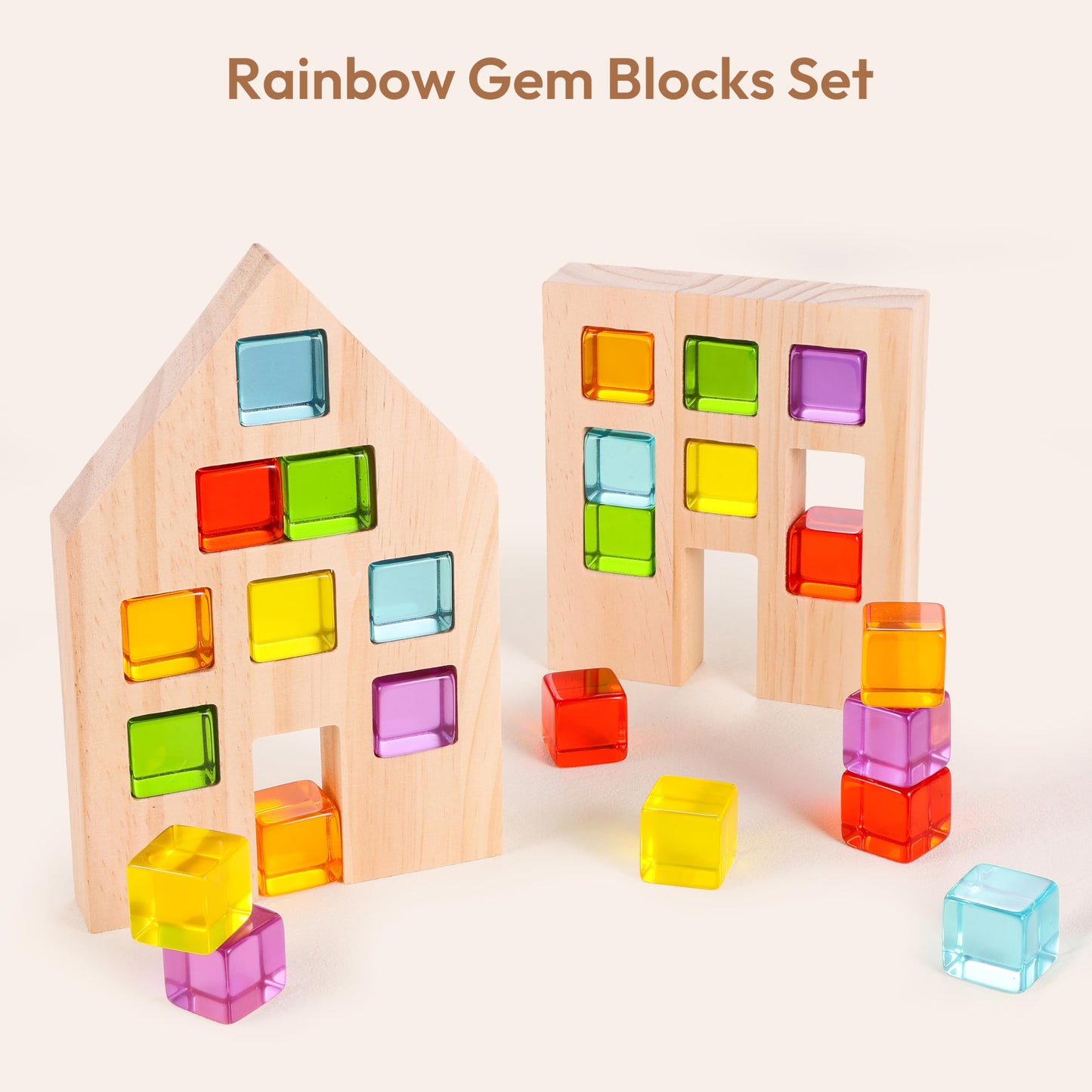 Woodtoe Wooden Building Blocks Set – 24 Rainbow Gem Cubes, Montessori STEM Toy for Toddlers 3-6