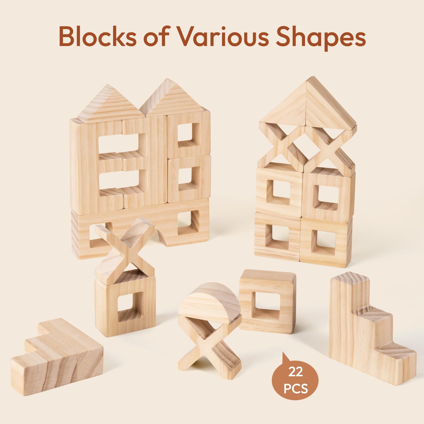 Woodtoe Rainbow Wooden Blocks Set – 22 Blocks + 25 Gem Cubes, Montessori STEM Toy (3-6)