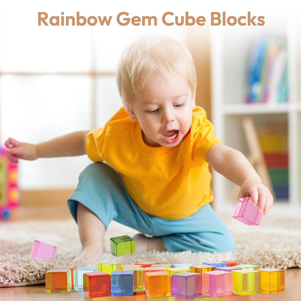 Woodtoe 36-Piece Rainbow Gem Blocks — Montessori Wooden House Stacking Toy for Toddlers 3-6