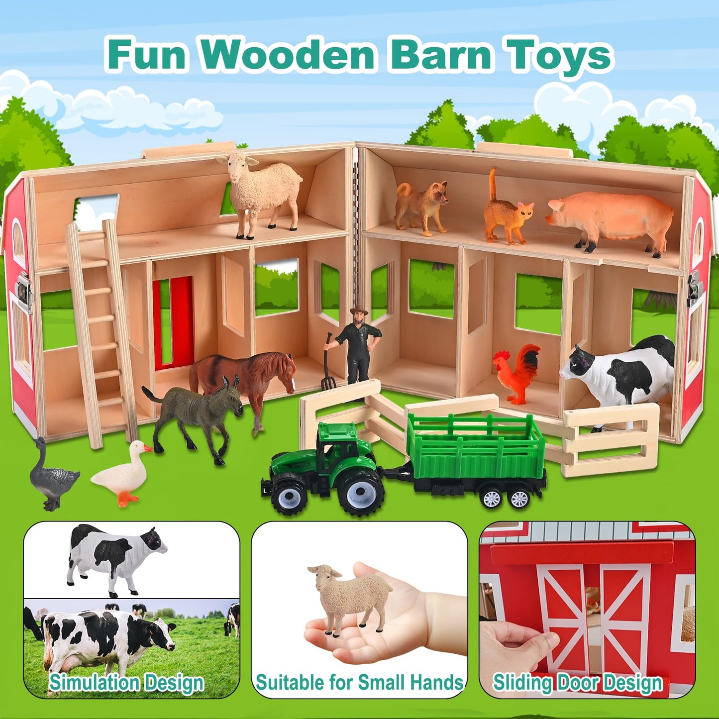 WoodTrove Wooden Barn Toys – 12 Animal Figures Play Barn for Kids Aged 3+ | Farm Barn Playset