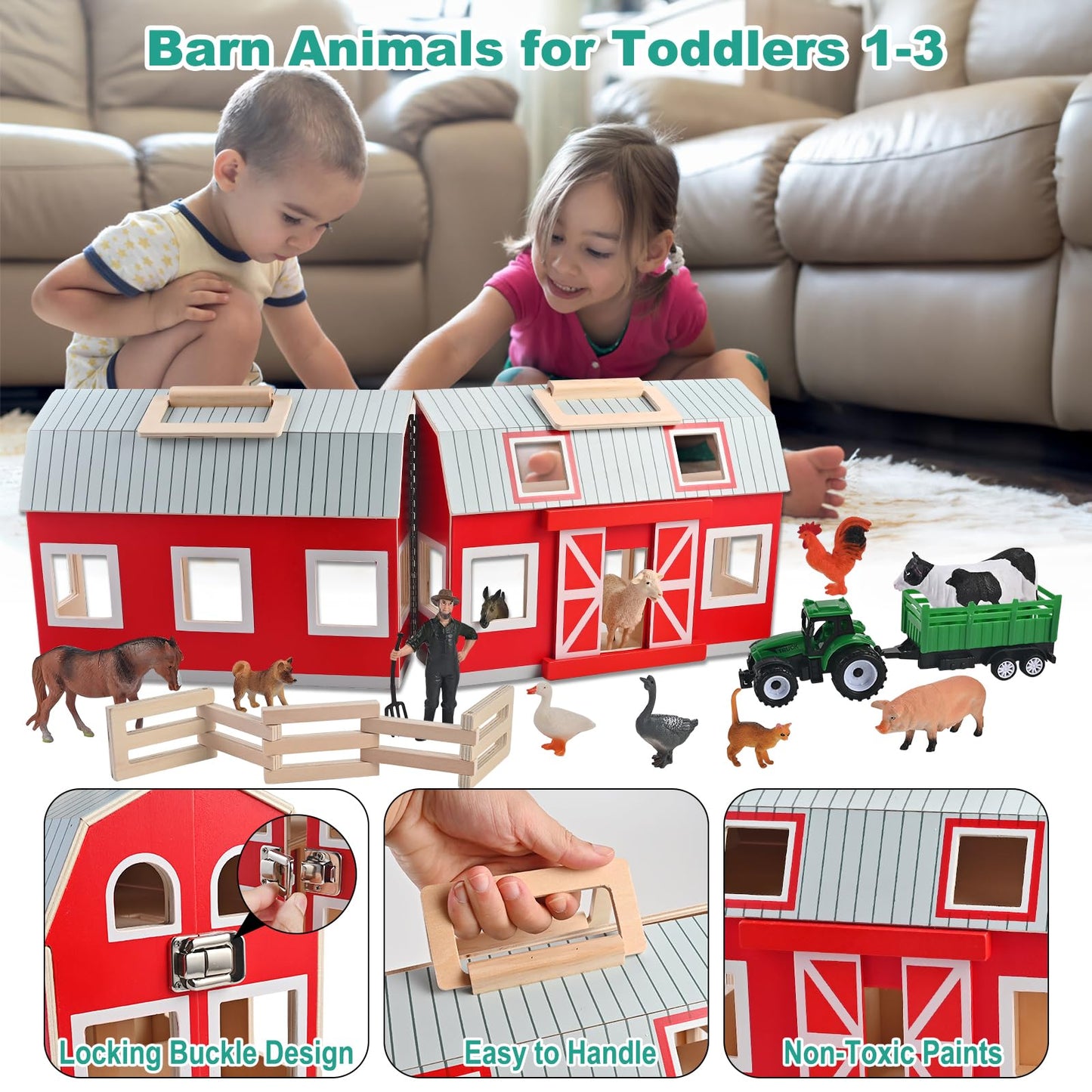 WoodTrove Wooden Barn Toys – 12 Animal Figures Play Barn for Kids Aged 3+ | Farm Barn Playset