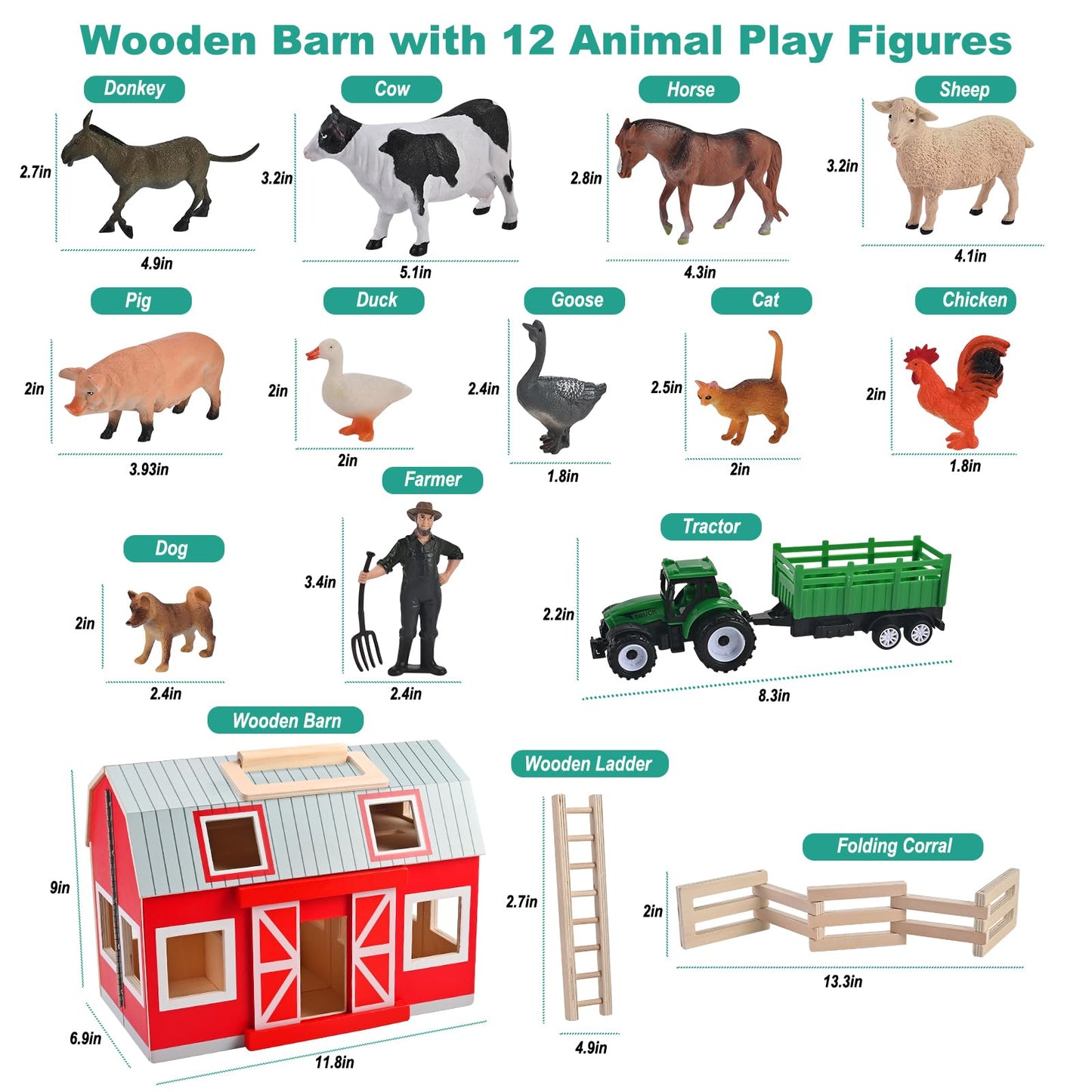 WoodTrove Wooden Barn Toys – 12 Animal Figures Play Barn for Kids Aged 3+ | Farm Barn Playset