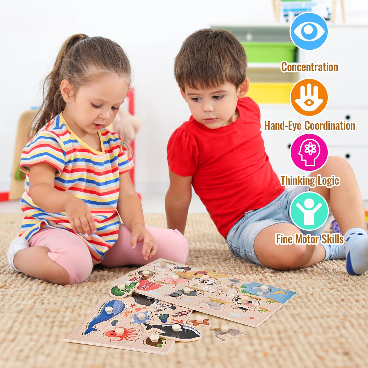 WoodTrove Peg Puzzles for Toddlers - 2-Pack Montessori Wooden Puzzles (Ocean & Animal Themes)