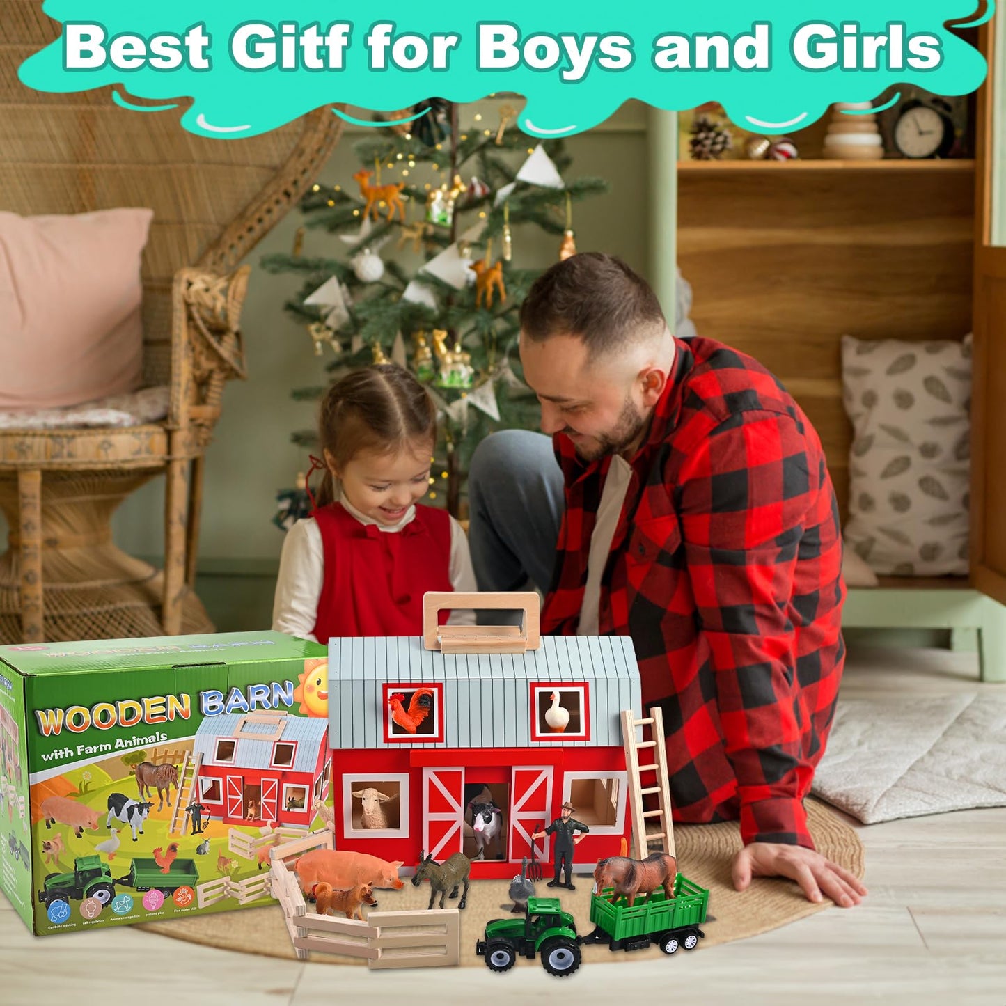 WoodTrove Wooden Barn Toys – 12 Animal Figures Play Barn for Kids Aged 3+ | Farm Barn Playset