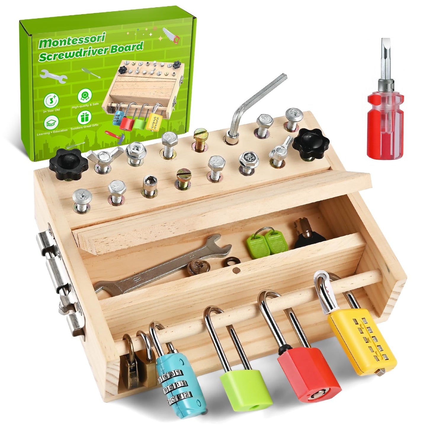 WoodTrove Montessori Screwdriver Board Set – Fine Motor Toy for 3-5 Year Olds | Locks & Keys