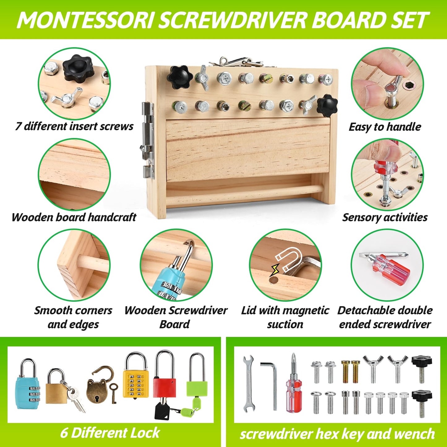 WoodTrove Montessori Screwdriver Board Set – Fine Motor Toy for 3-5 Year Olds | Locks & Keys