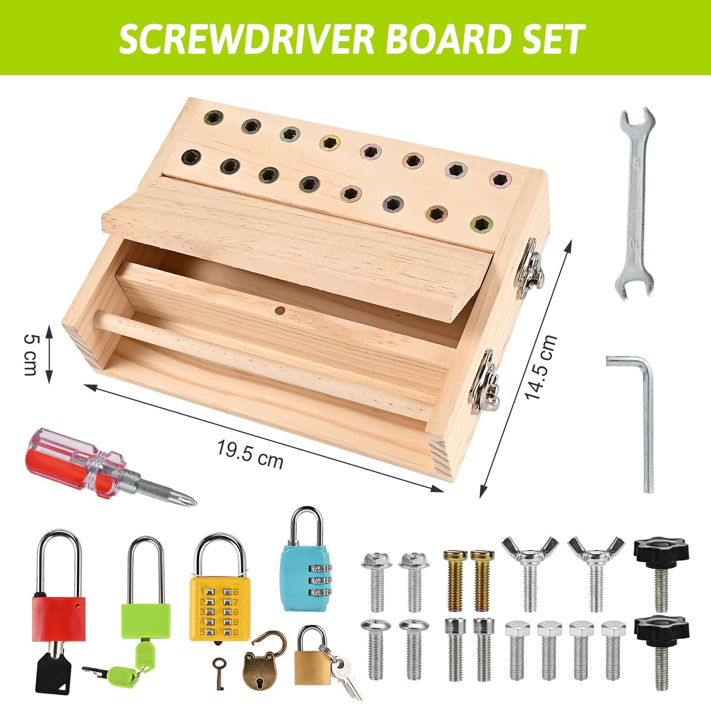 WoodTrove Montessori Screwdriver Board Set – Fine Motor Toy for 3-5 Year Olds | Locks & Keys