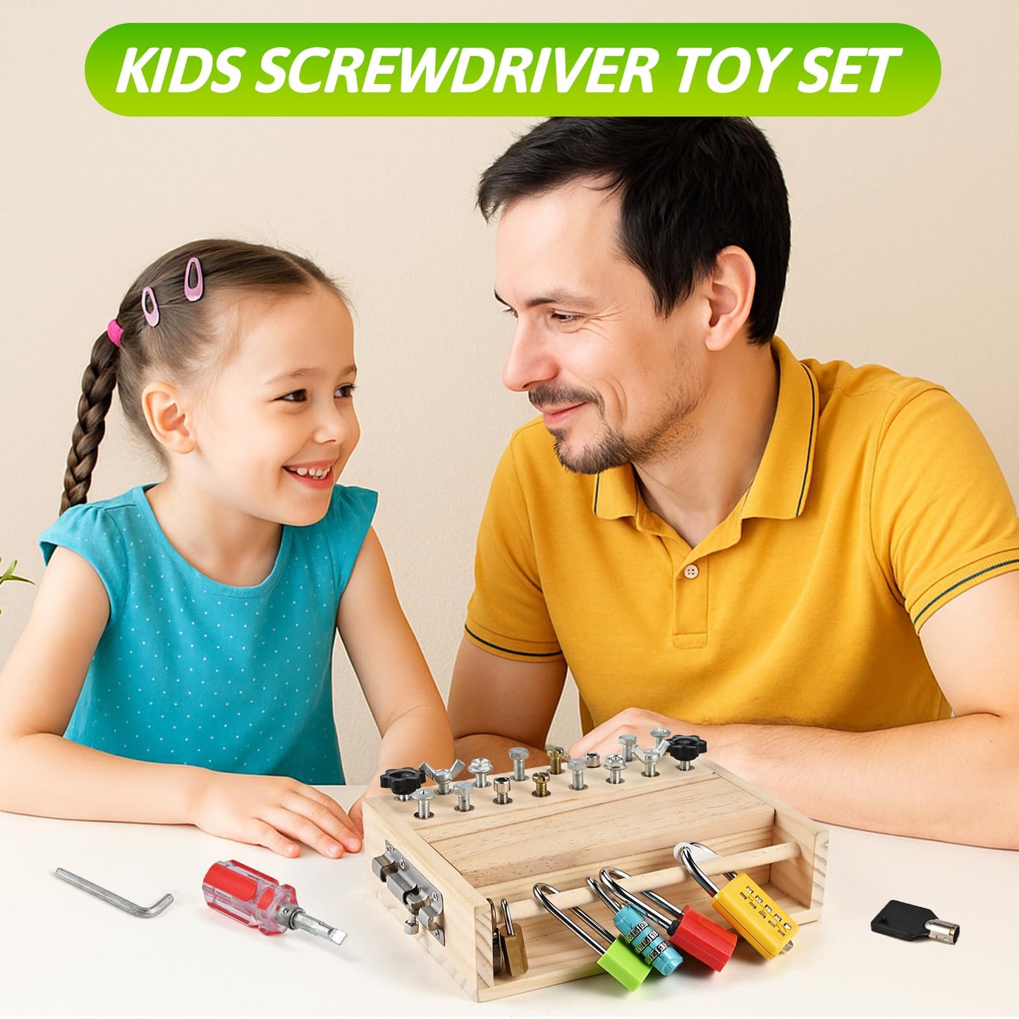 WoodTrove Montessori Screwdriver Board Set – Fine Motor Toy for 3-5 Year Olds | Locks & Keys