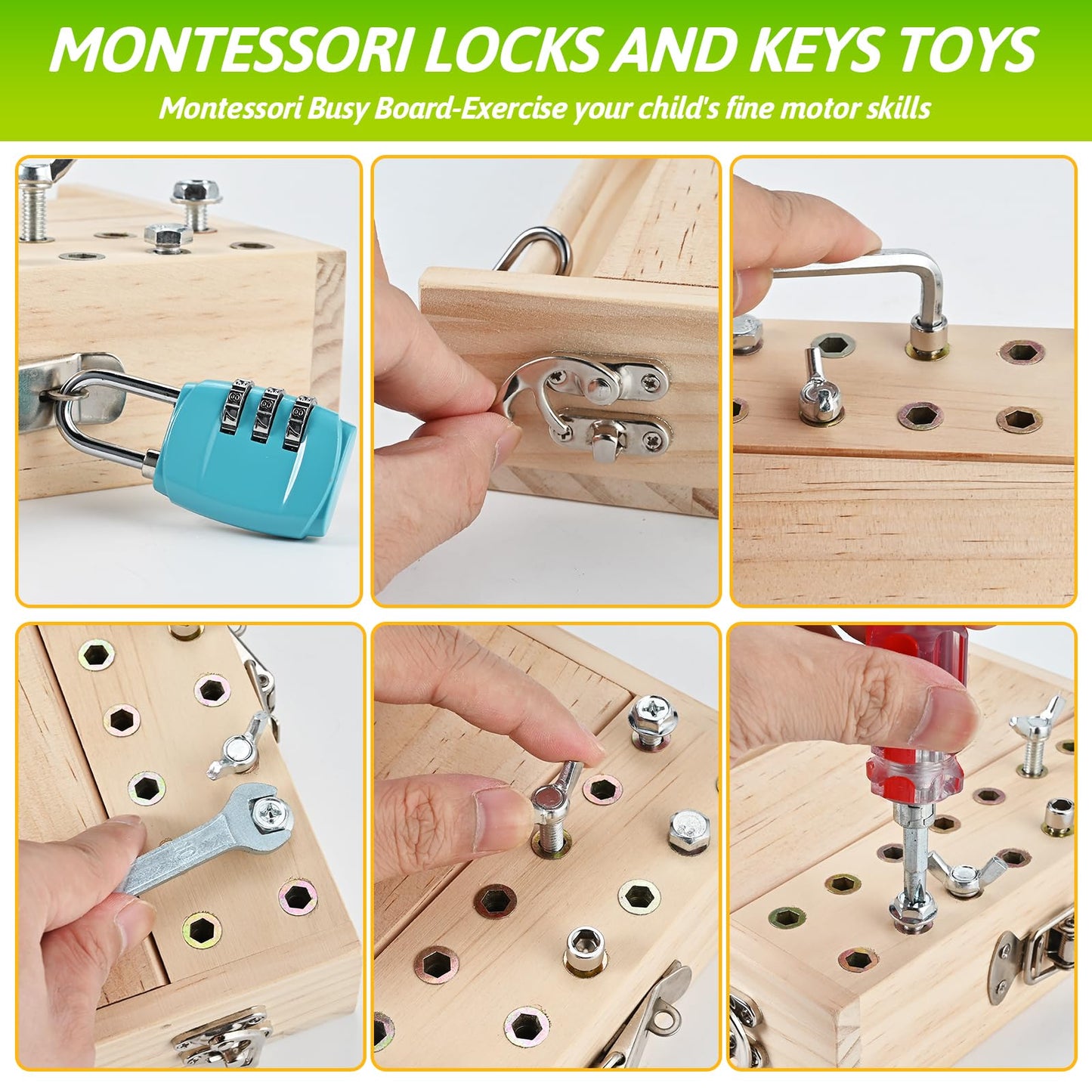 WoodTrove Montessori Screwdriver Board Set – Fine Motor Toy for 3-5 Year Olds | Locks & Keys