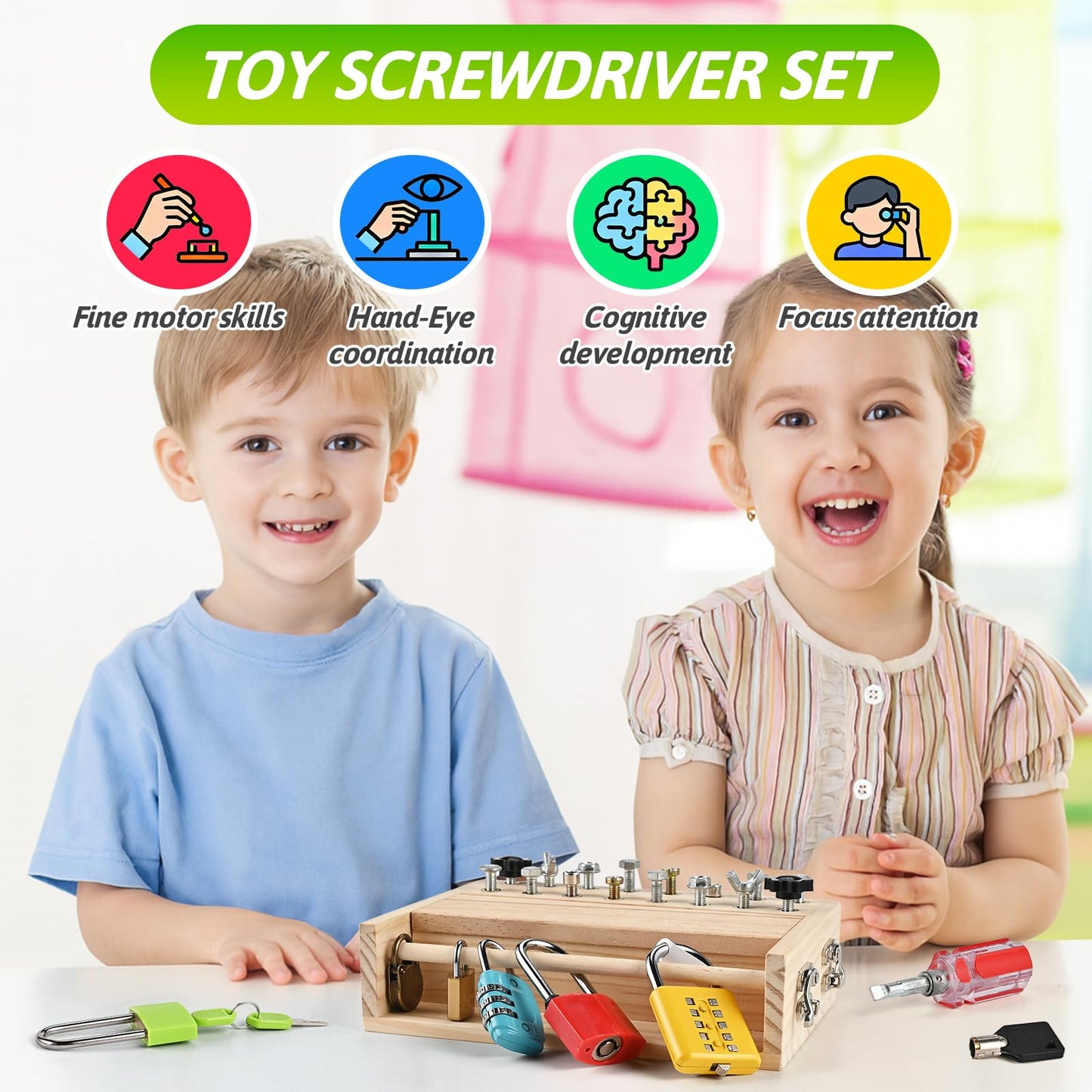 WoodTrove Montessori Screwdriver Board Set – Fine Motor Toy for 3-5 Year Olds | Locks & Keys