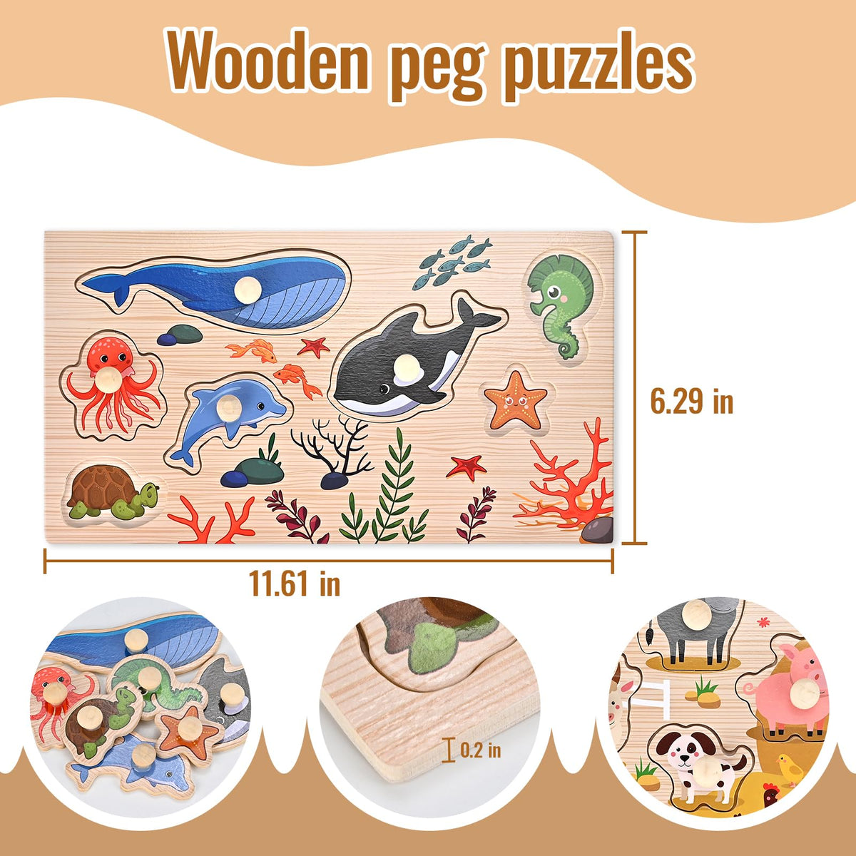 WoodTrove Peg Puzzles for Toddlers - 2-Pack Montessori Wooden Puzzles (Ocean & Animal Themes)