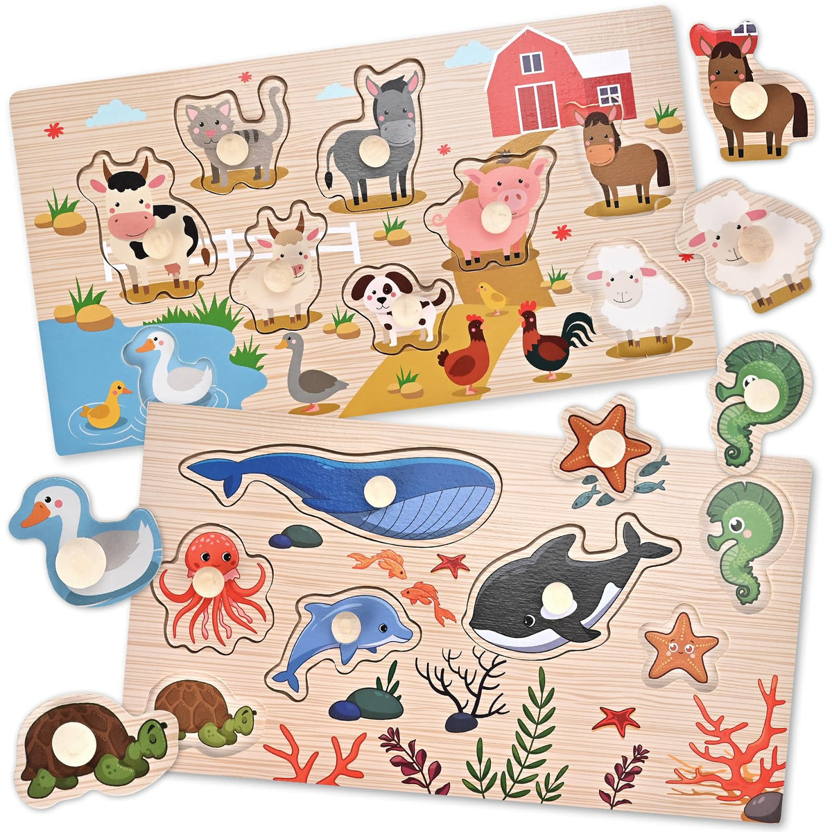 WoodTrove Peg Puzzles for Toddlers - 2-Pack Montessori Wooden Puzzles (Ocean & Animal Themes)