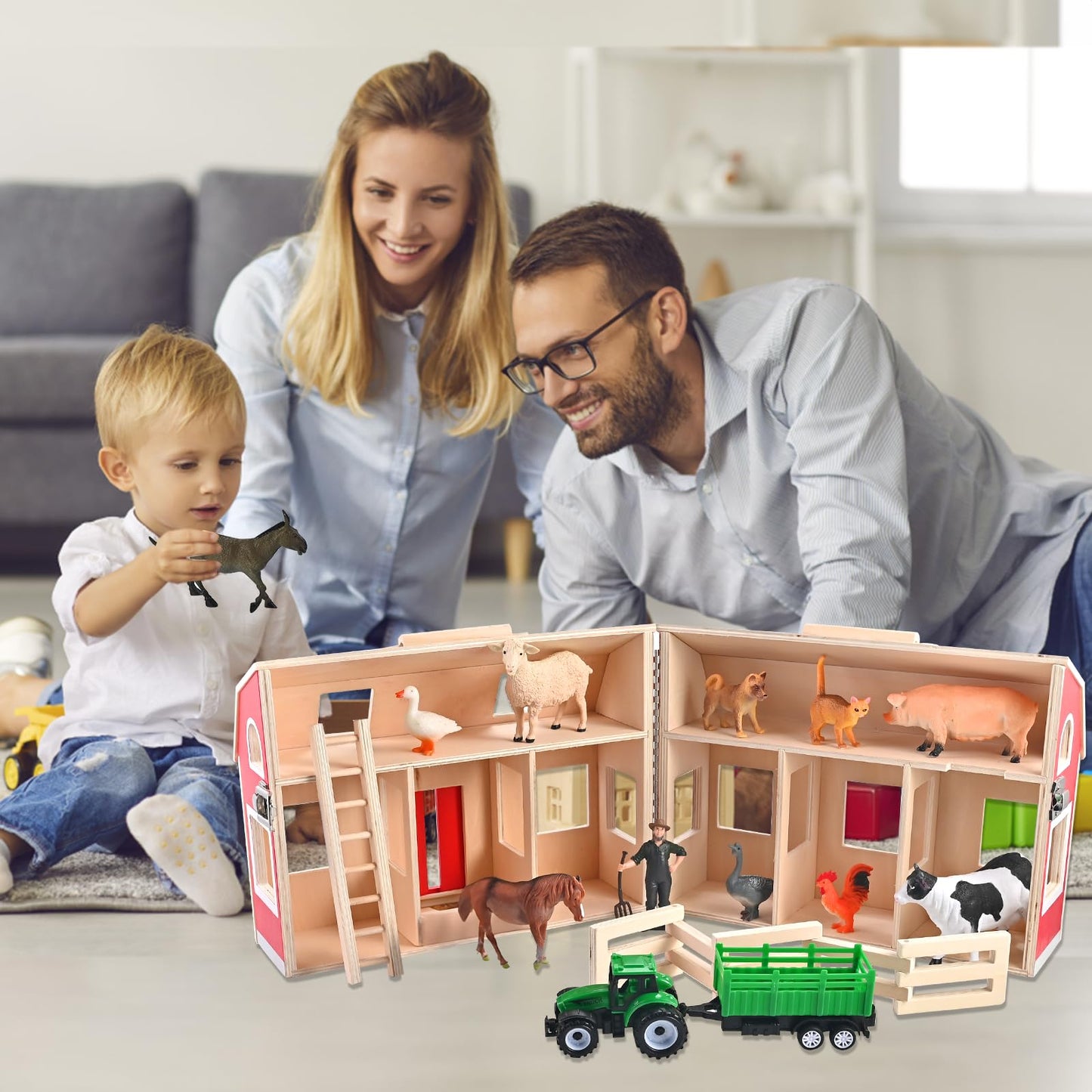 WoodTrove Wooden Barn Toys – 12 Animal Figures Play Barn for Kids Aged 3+ | Farm Barn Playset