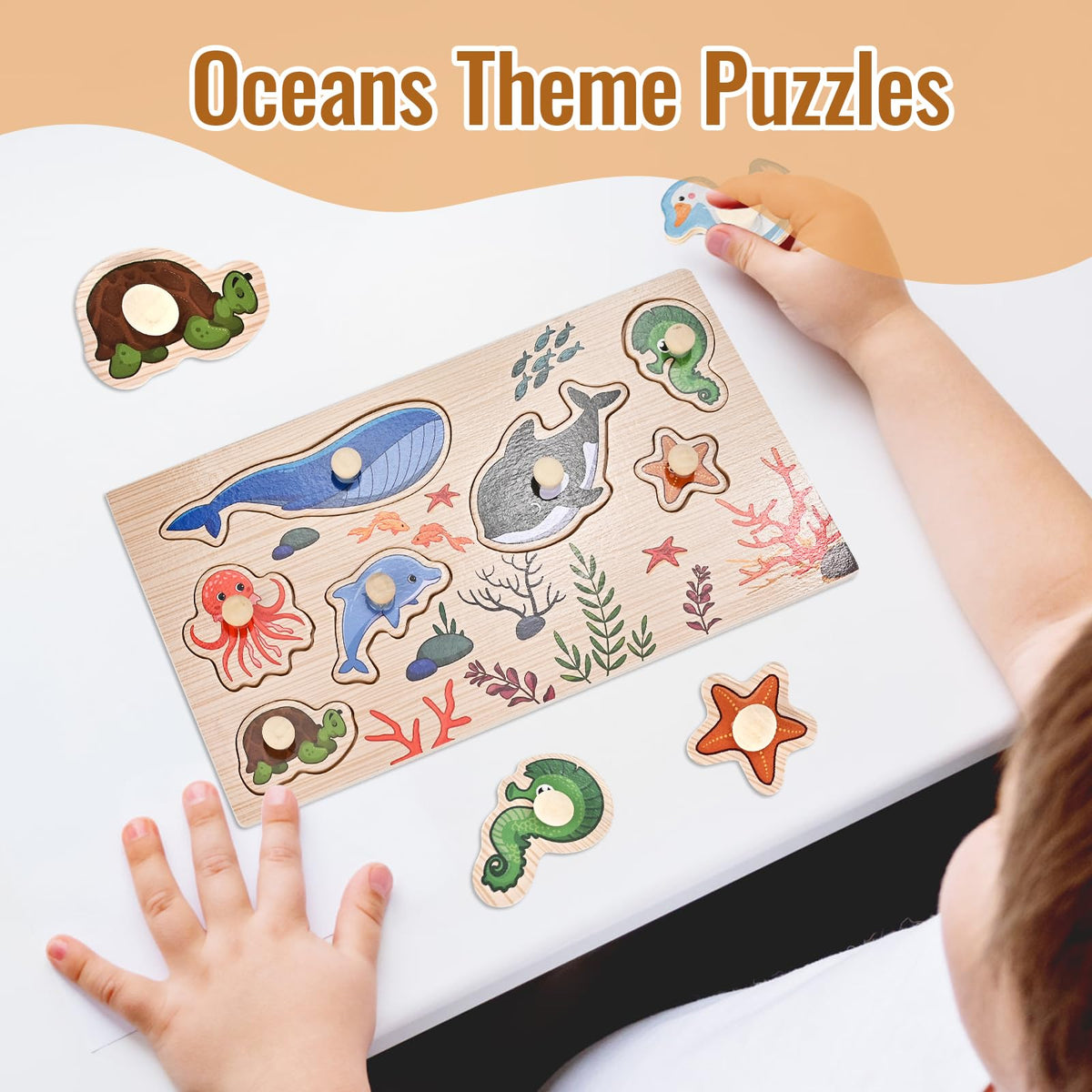 WoodTrove Peg Puzzles for Toddlers - 2-Pack Montessori Wooden Puzzles (Ocean & Animal Themes)