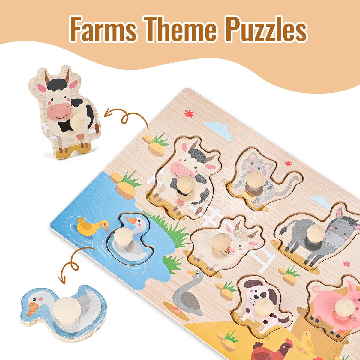 WoodTrove Peg Puzzles for Toddlers - 2-Pack Montessori Wooden Puzzles (Ocean & Animal Themes)