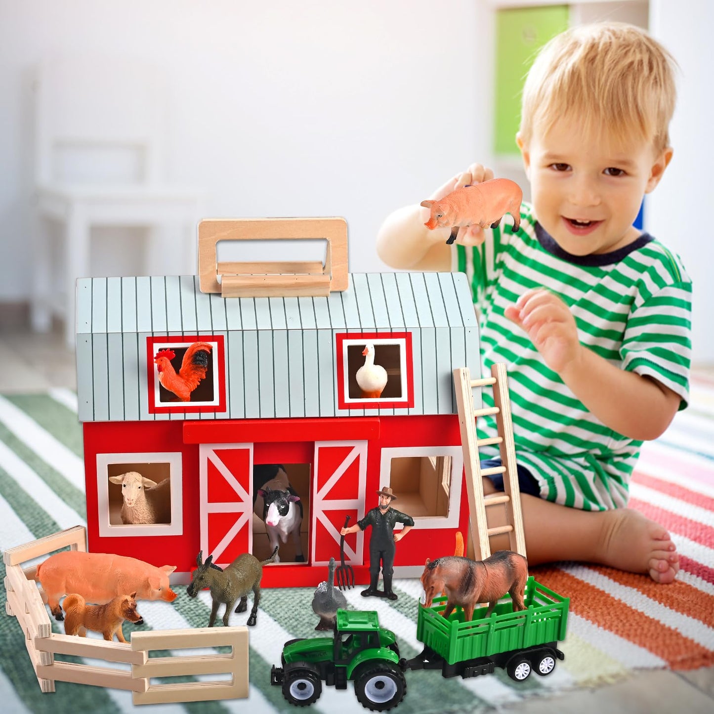 WoodTrove Wooden Barn Toys – 12 Animal Figures Play Barn for Kids Aged 3+ | Farm Barn Playset