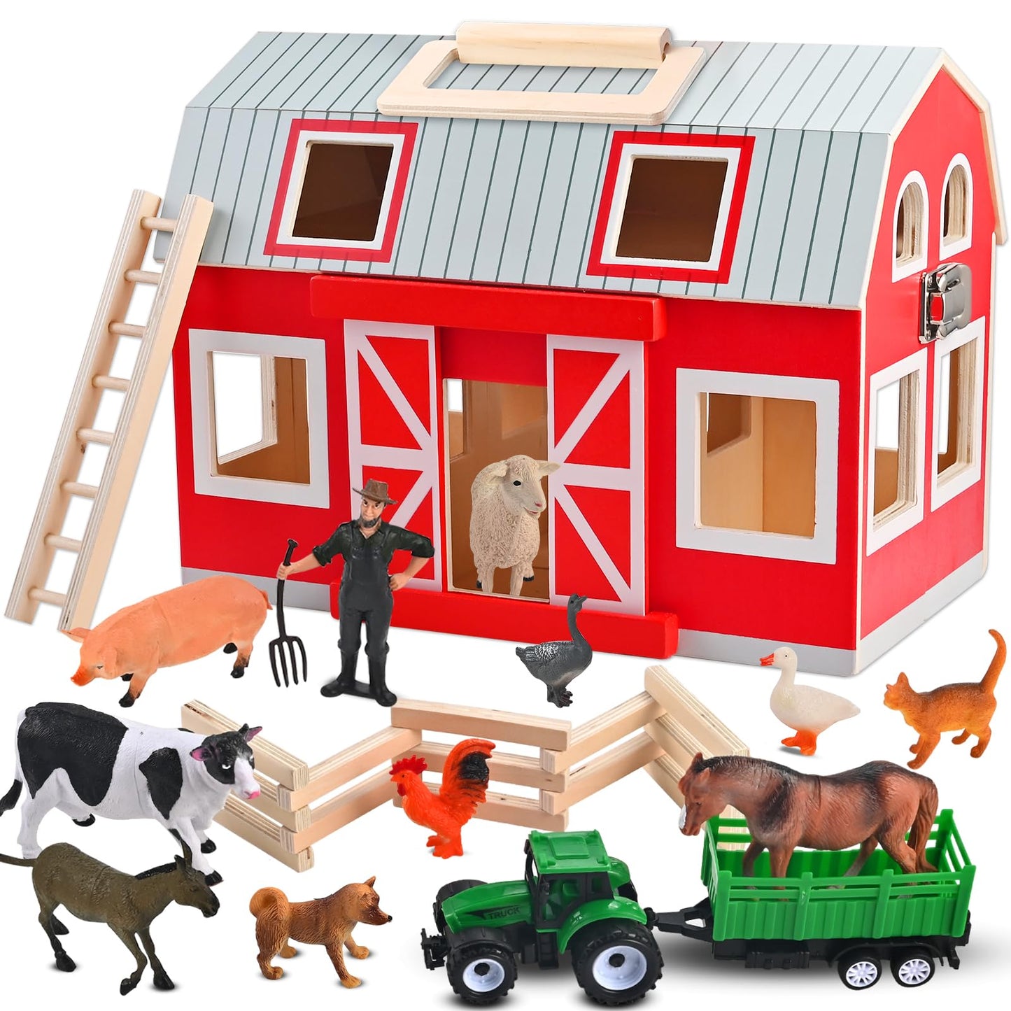 WoodTrove Wooden Barn Toys – 12 Animal Figures Play Barn for Kids Aged 3+ | Farm Barn Playset