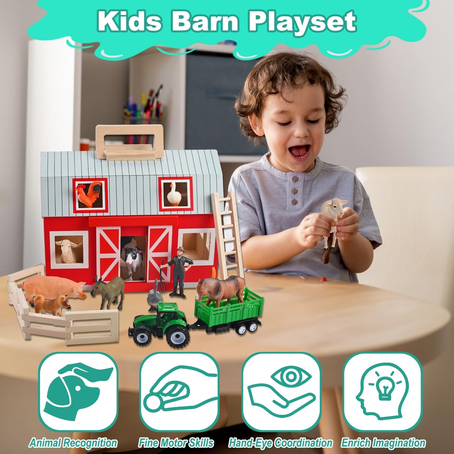 WoodTrove Wooden Barn Toys – 12 Animal Figures Play Barn for Kids Aged 3+ | Farm Barn Playset