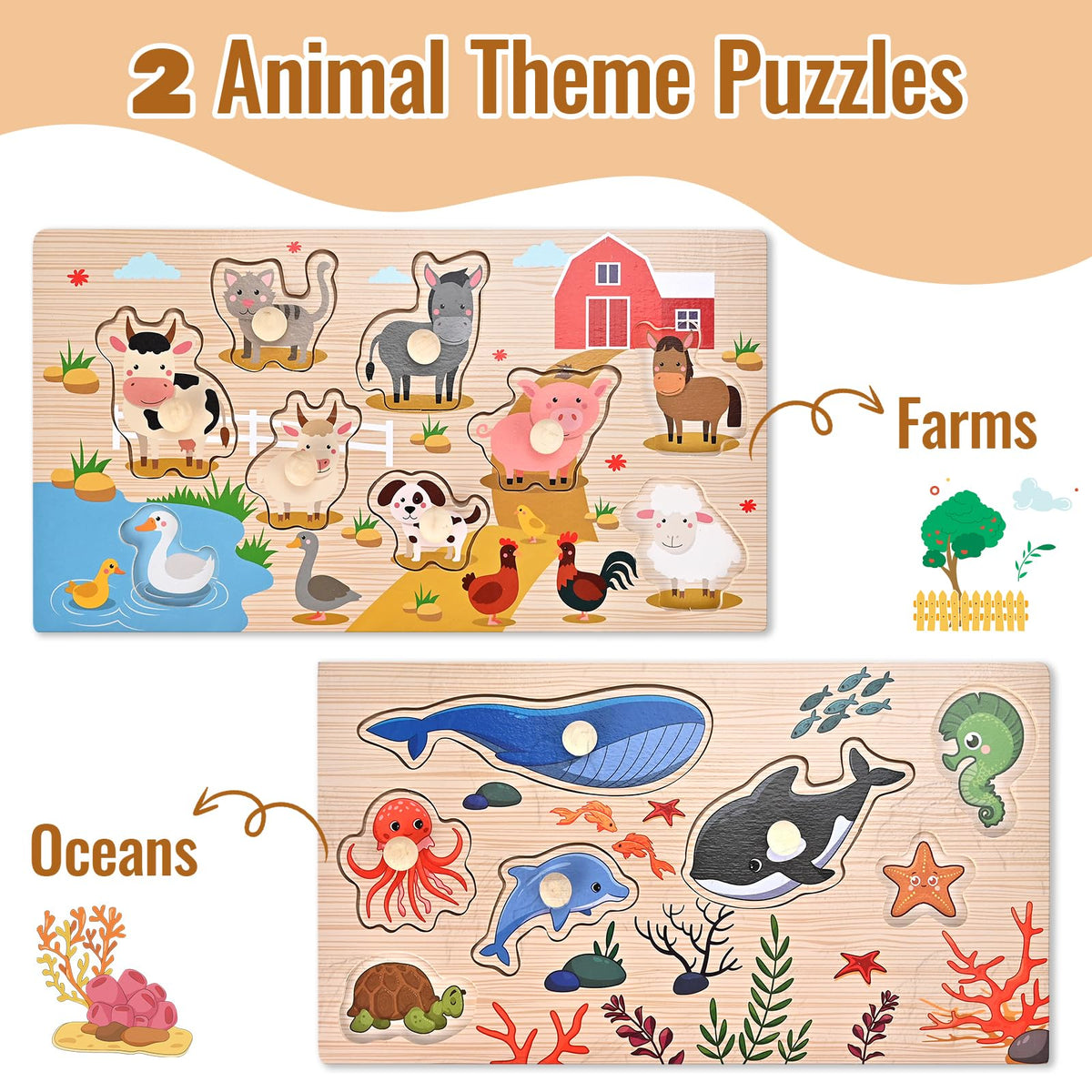 WoodTrove Peg Puzzles for Toddlers - 2-Pack Montessori Wooden Puzzles (Ocean & Animal Themes)