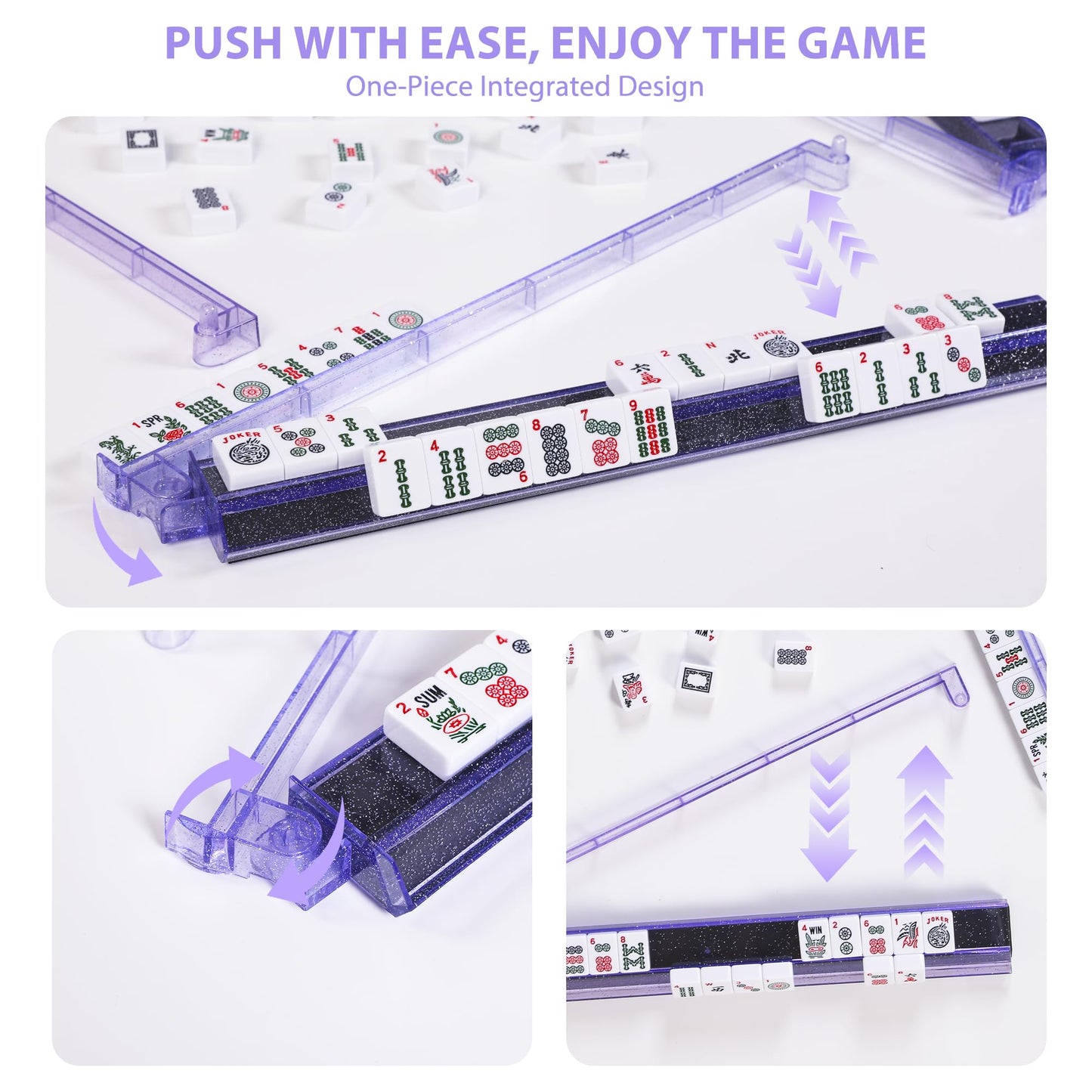WOOIIROM Mahjong Racks with Pushers – Anti-Slip, Bling Purple (Set of Four)