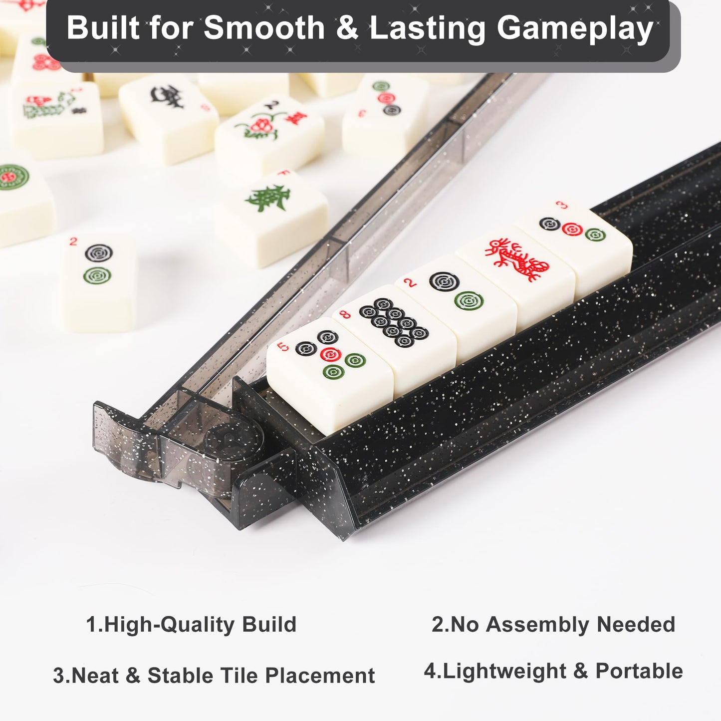 WOOIIROM Mahjong Racks with Pushers – Anti-Slip All-in-One Tile Racks (Set of 4, Bling Grey)