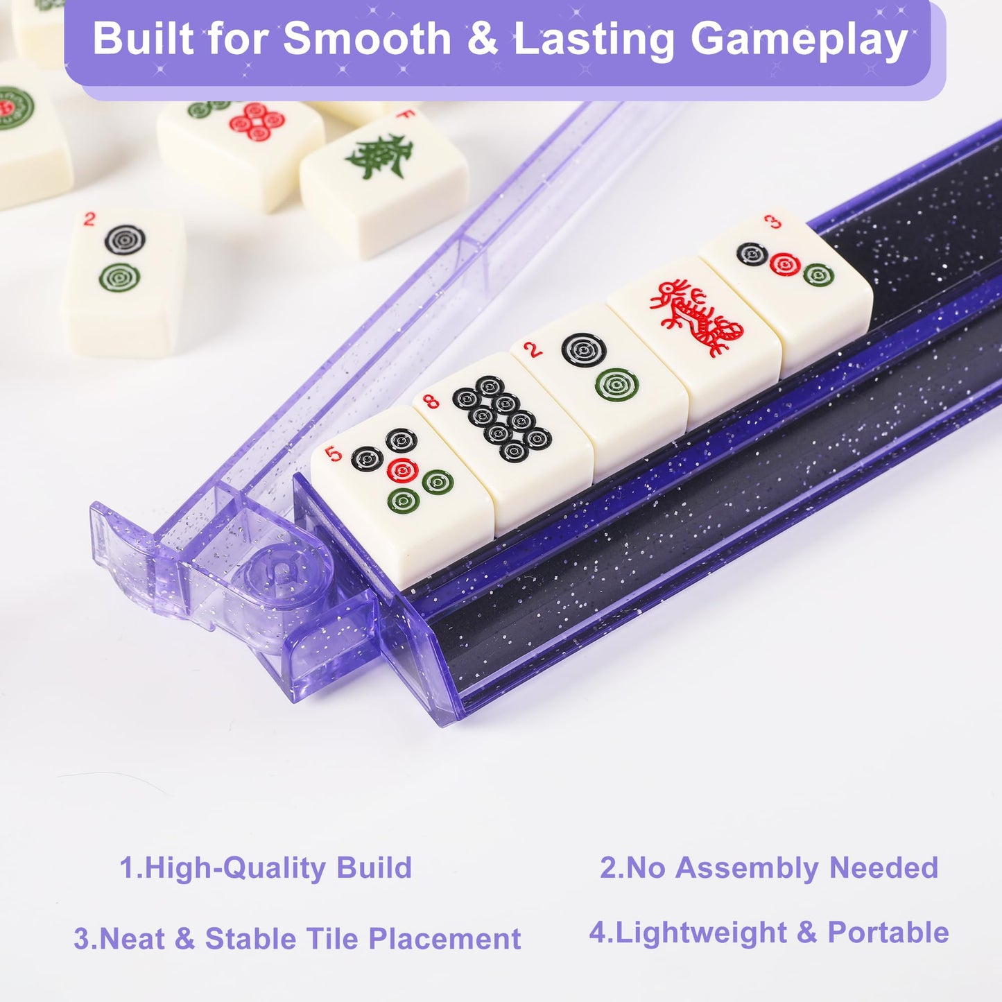 WOOIIROM Mahjong Racks with Pushers – Anti-Slip, Bling Purple (Set of Four)