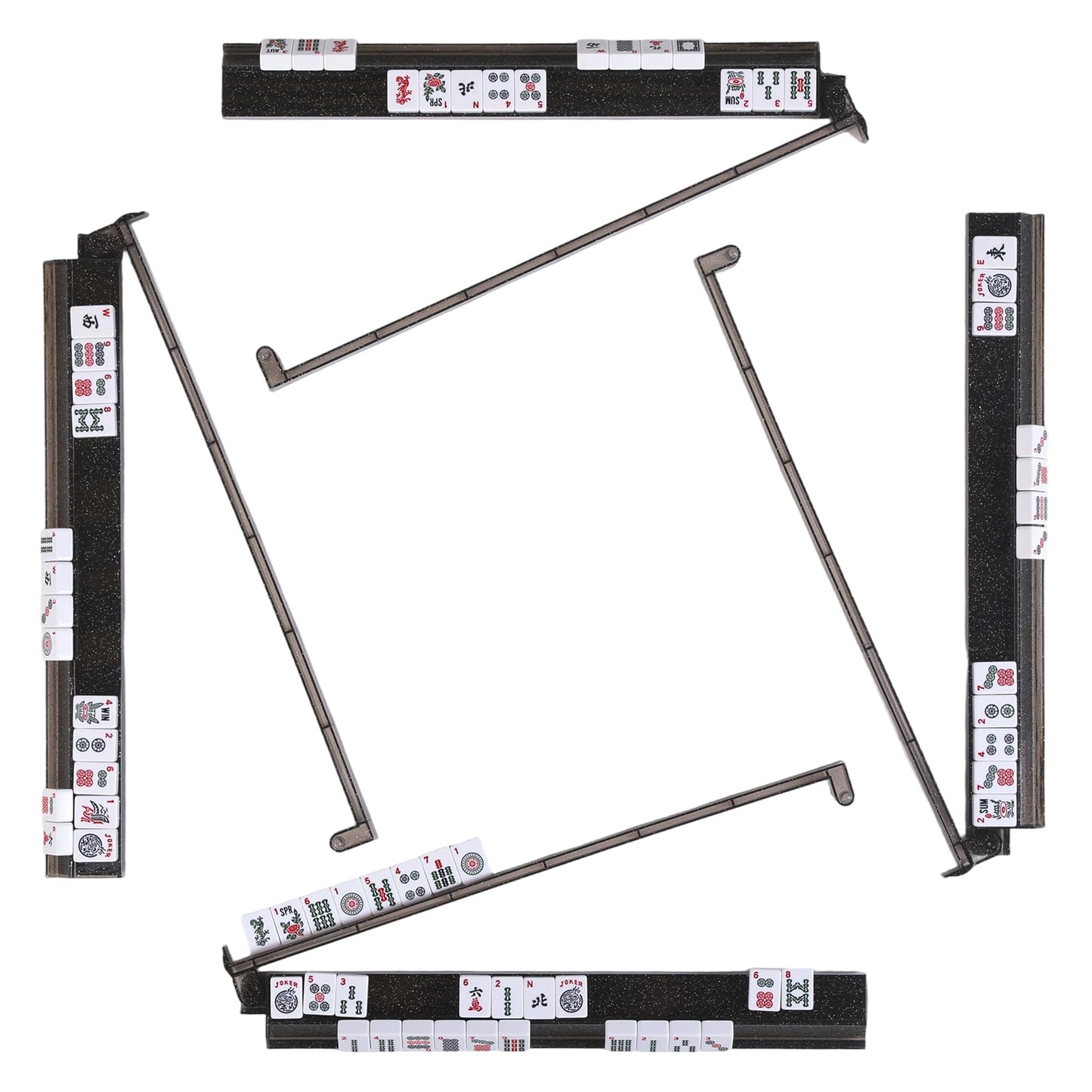 WOOIIROM Mahjong Racks with Pushers – Anti-Slip All-in-One Tile Racks (Set of 4, Bling Grey)