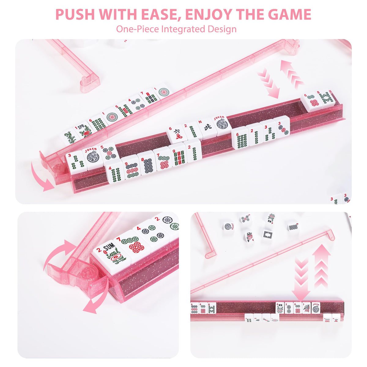 WOOIIROM Mahjong Racks with Pushers – Anti-Slip, Ergonomic All-in-One Racks (4-Piece, Bling Pink)