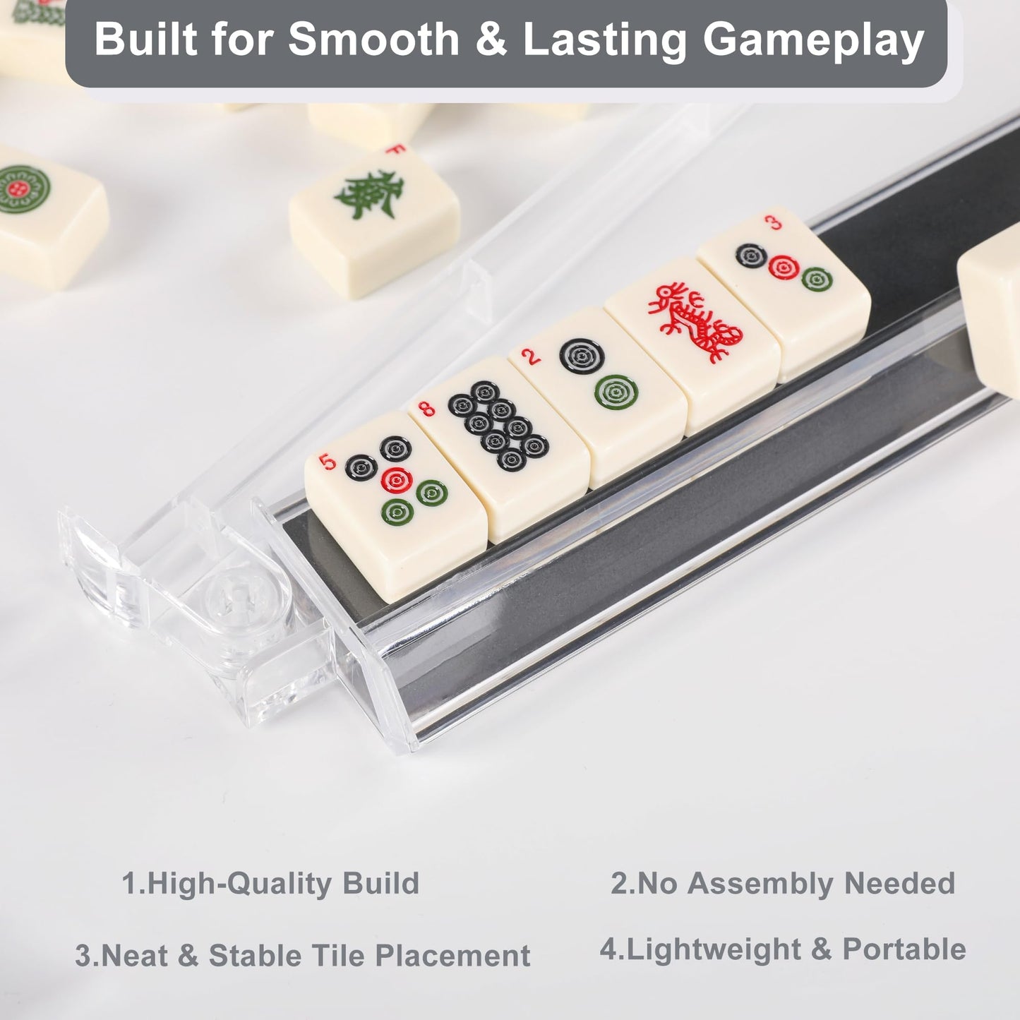 WOOIIROM Mahjong Racks with Pushers – Anti-Slip, Ergonomic, Portable 4-Pack (Transparent)