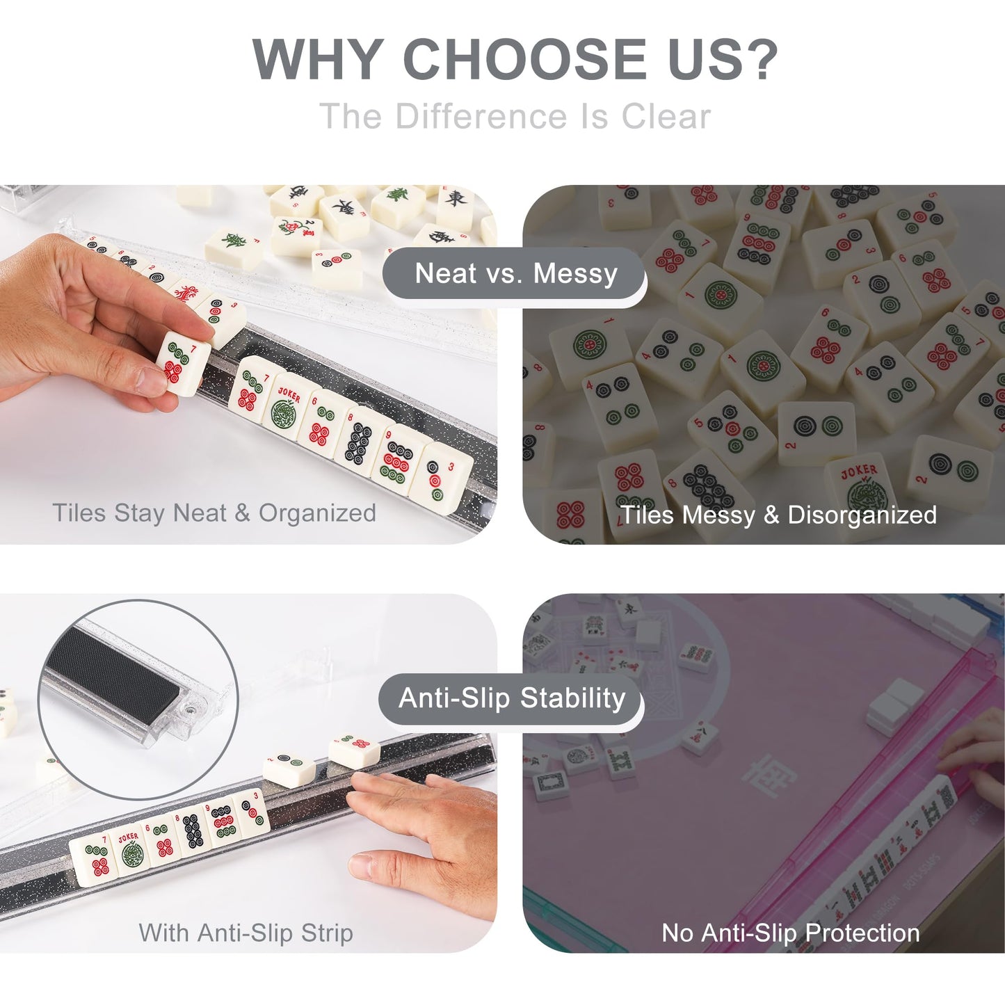 WOOIIROM Mahjong Racks with Pushers – Anti-Slip, Ergonomic 4-Pack (Bling Clear)