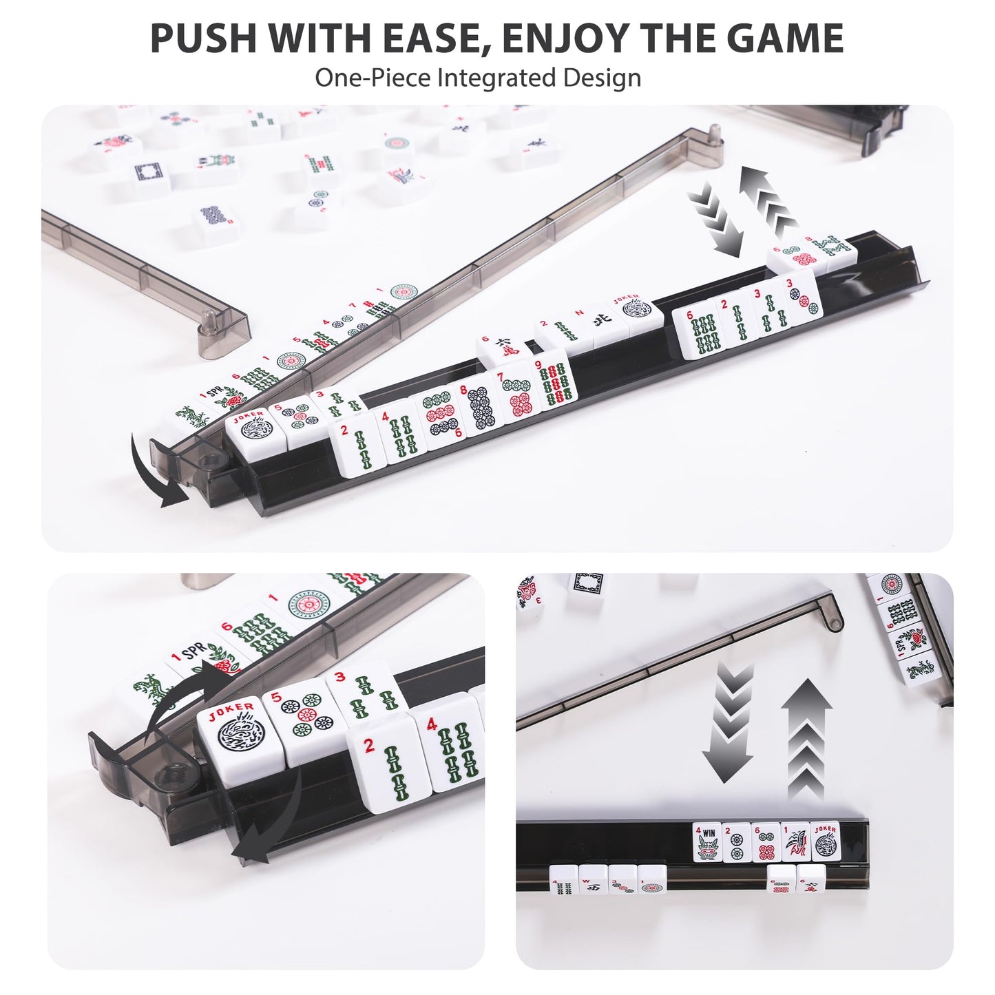 WOOIIROM Mahjong Racks with Pushers – Anti-Slip American Mahjong Racks Set of 4 (Dark Gray)