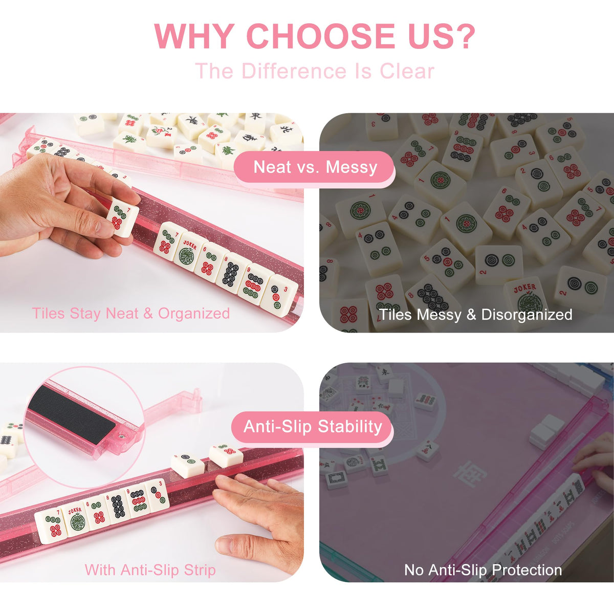 WOOIIROM Mahjong Racks with Pushers – Anti-Slip, Ergonomic All-in-One Racks (4-Piece, Bling Pink)
