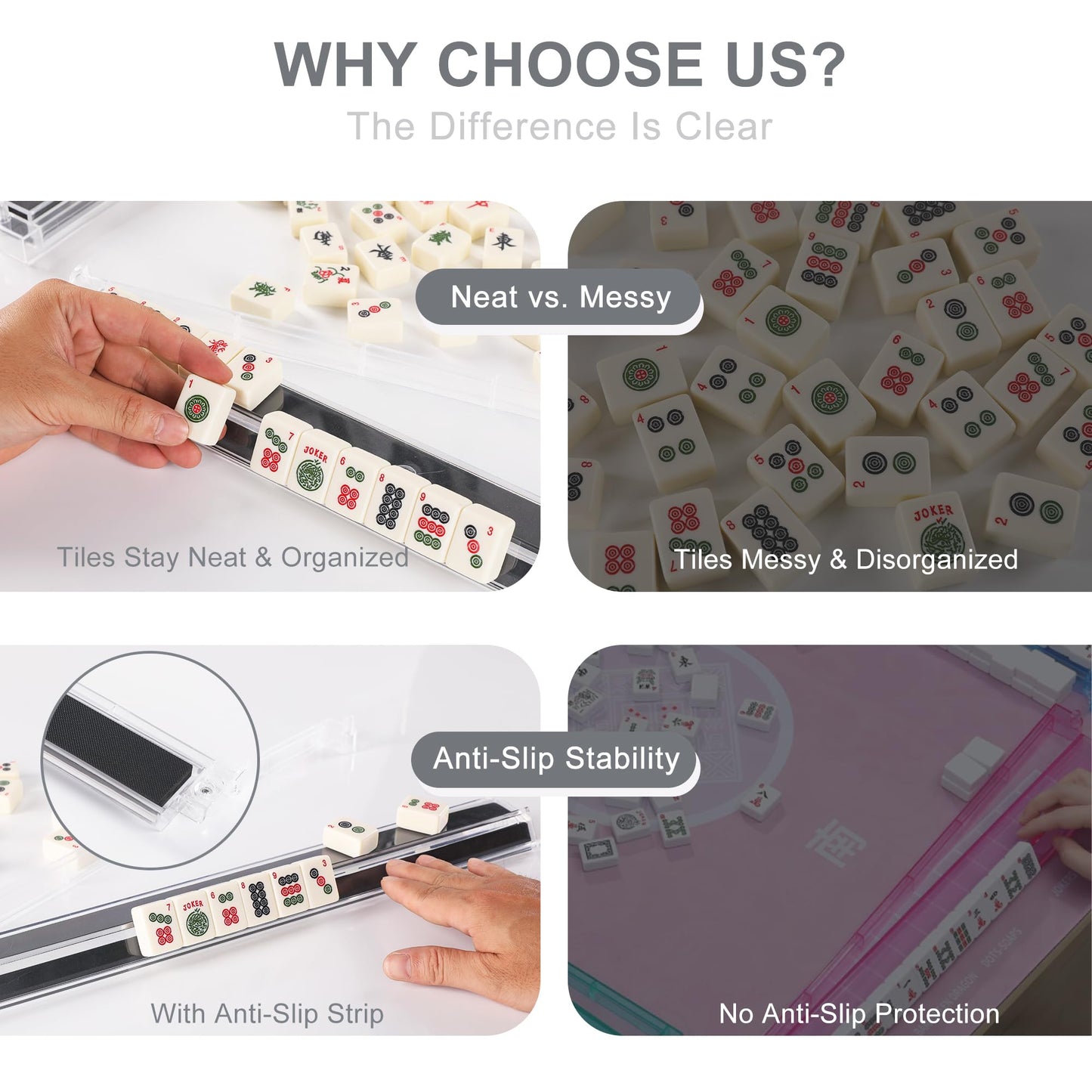 WOOIIROM Mahjong Racks with Pushers – Anti-Slip, Ergonomic, Portable 4-Pack (Transparent)