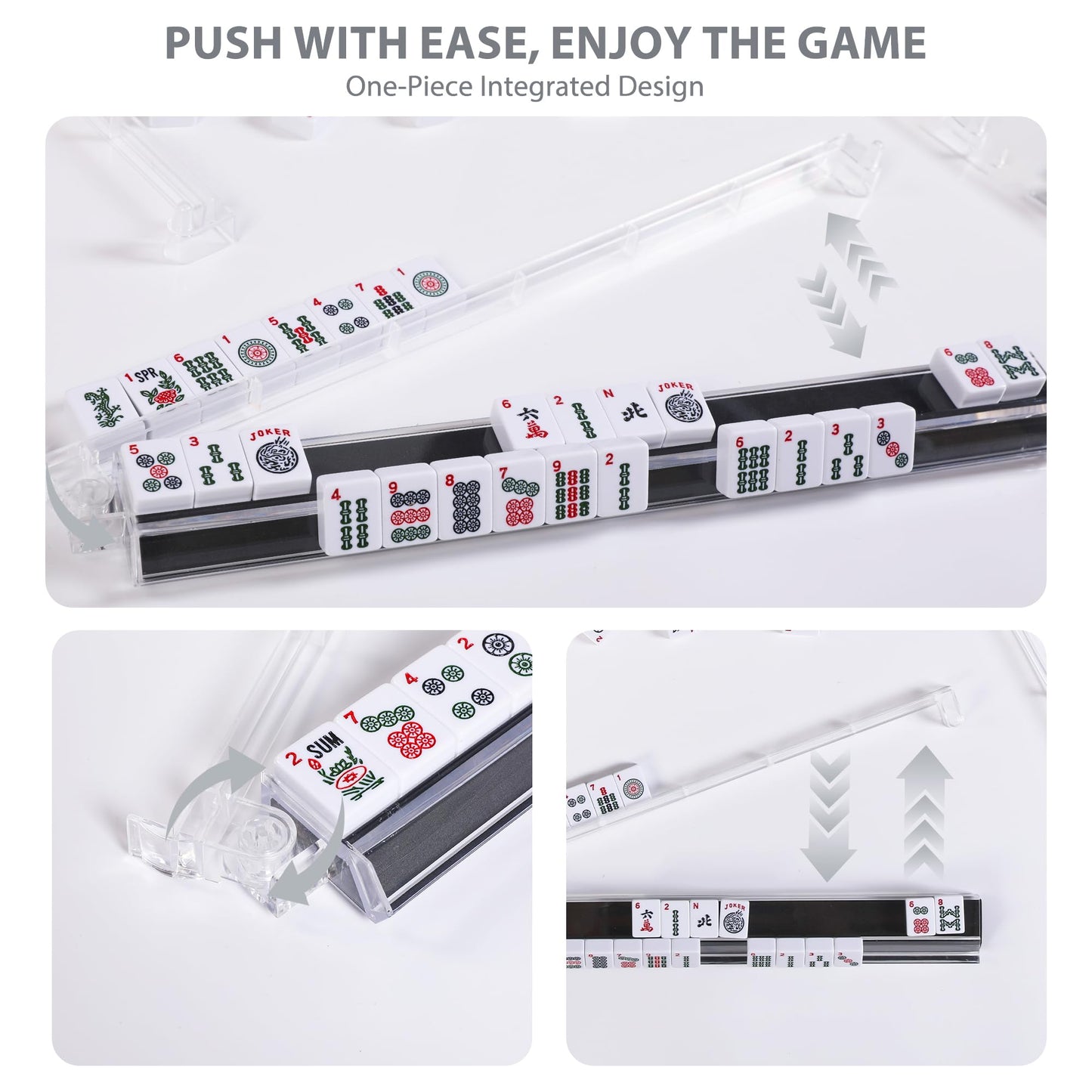 WOOIIROM Mahjong Racks with Pushers – Anti-Slip, Ergonomic, Portable 4-Pack (Transparent)