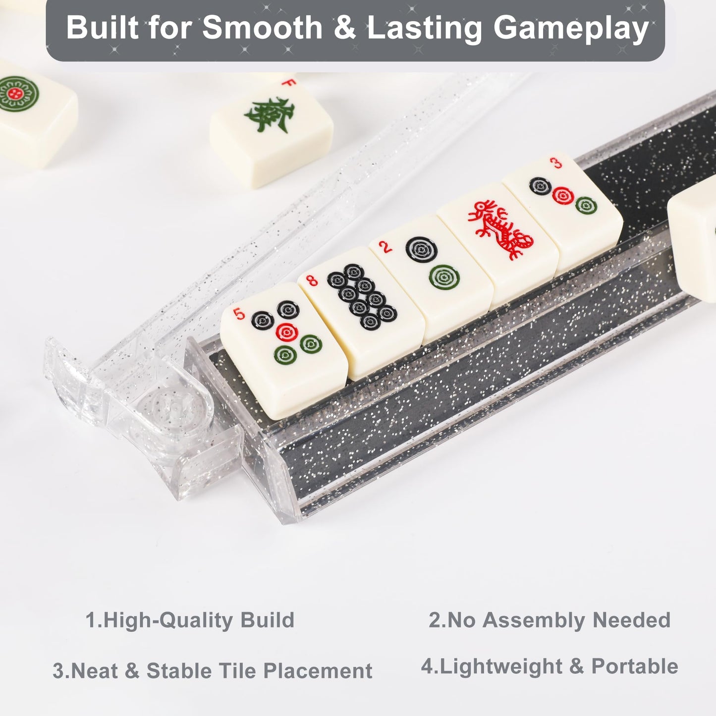 WOOIIROM Mahjong Racks with Pushers – Anti-Slip, Ergonomic 4-Pack (Bling Clear)