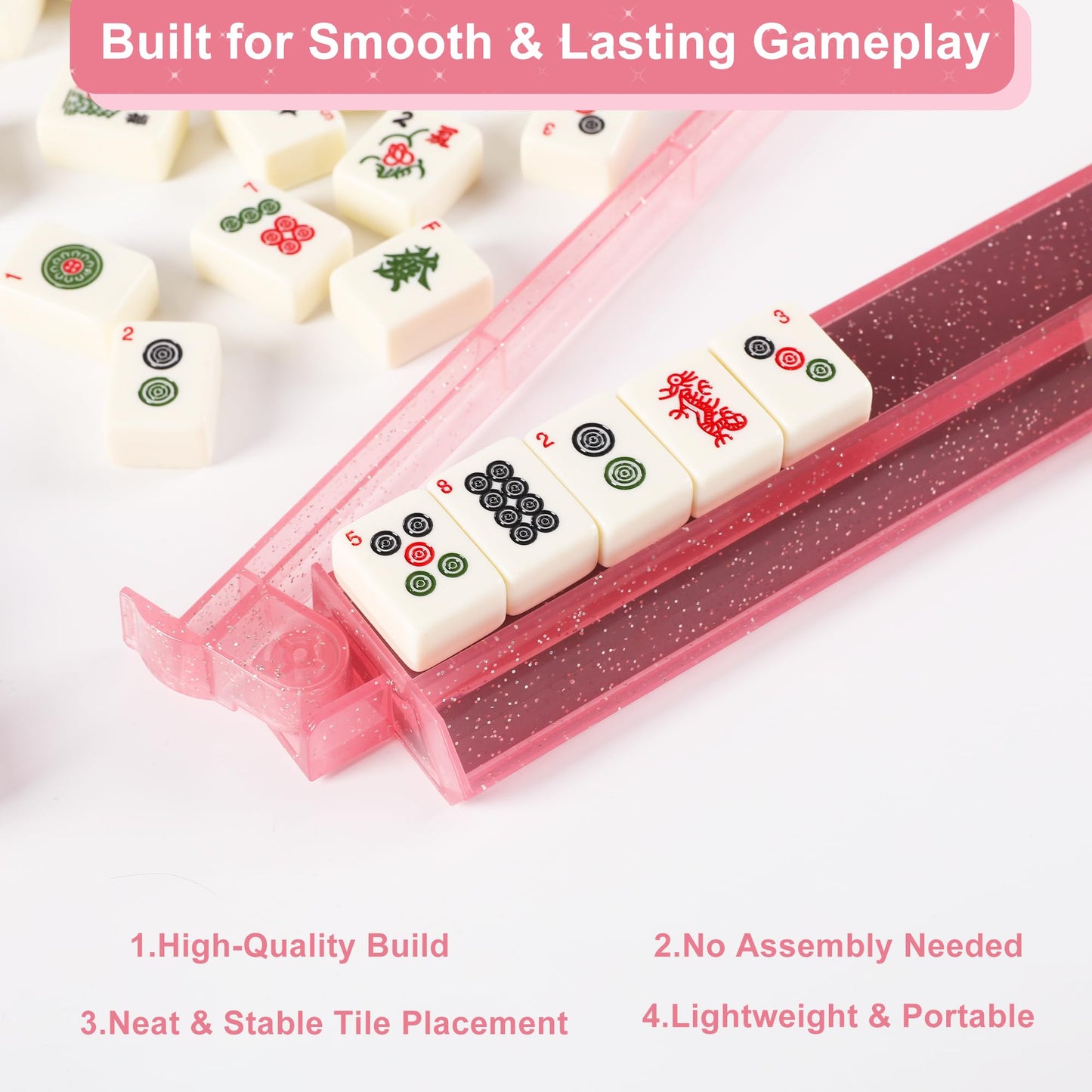 WOOIIROM Mahjong Racks with Pushers – Anti-Slip, Ergonomic All-in-One Racks (4-Piece, Bling Pink)