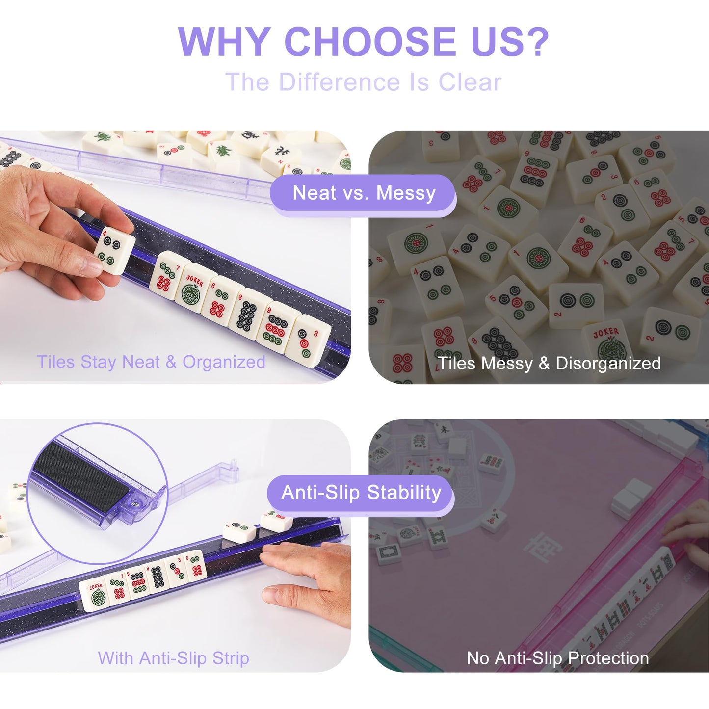 WOOIIROM Mahjong Racks with Pushers – Anti-Slip, Bling Purple (Set of Four)